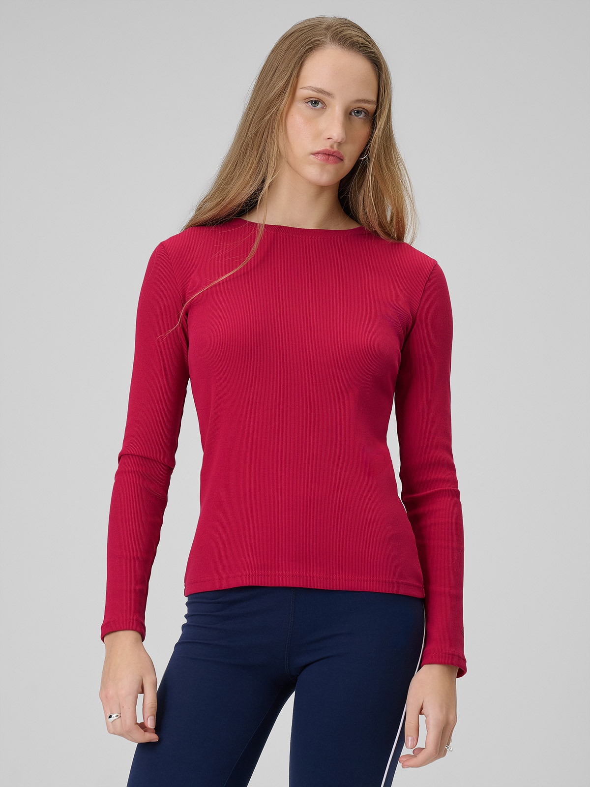 4F Longsleeve slim z prążkowanej dzianiny damski - różowy XS