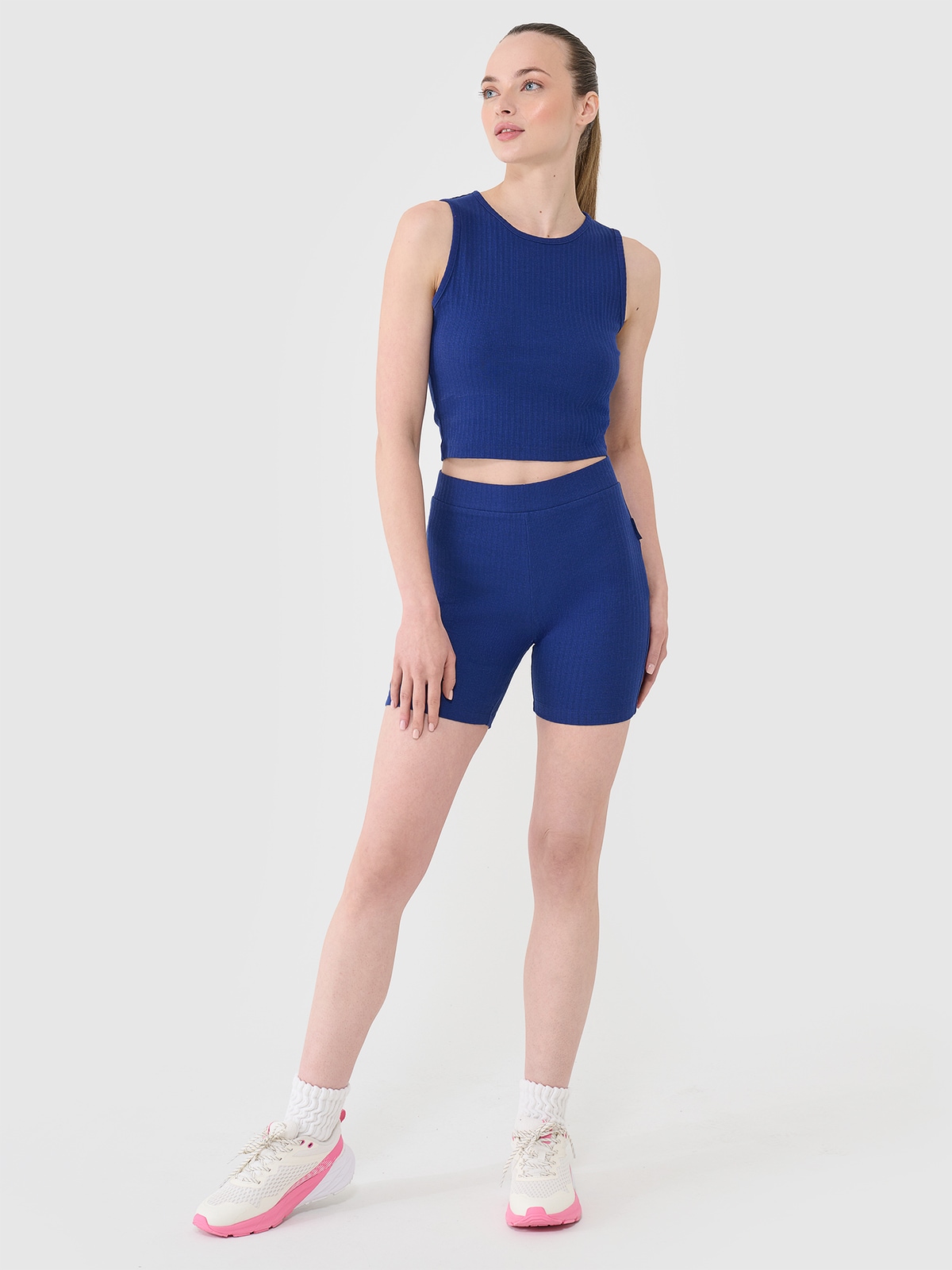 4F Legginsy krótkie dzianinowe damskie - granatowe L