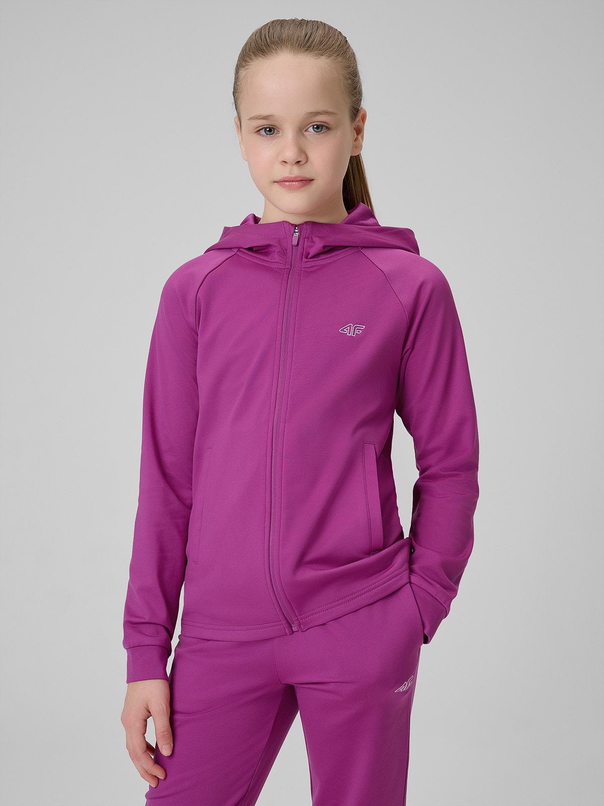 4F Bluza sportowa regular z kapturem dziewczęca - różowa 146/152 (10-12 lat)