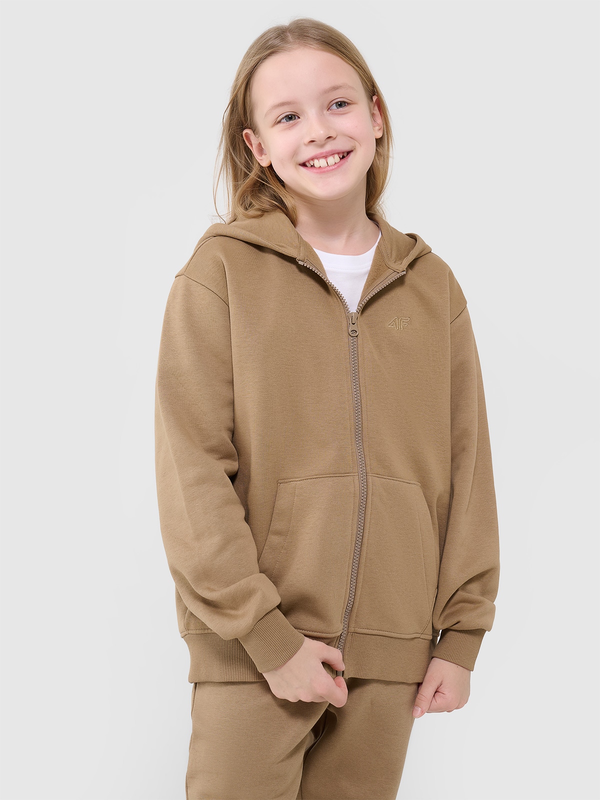 4F Bluza dresowa rozpinana z kapturem dziewczęca - beżowa 128 (7-8 lat)