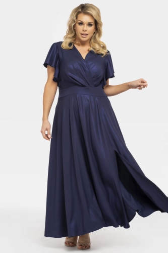 Sukienka połyskująca sylwestrowa maxi z rozporkiem kopertowy dekolt AKSENA granat