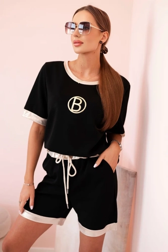 Komplet damski z wiskozy z krótkim rękawem i szortami czarny