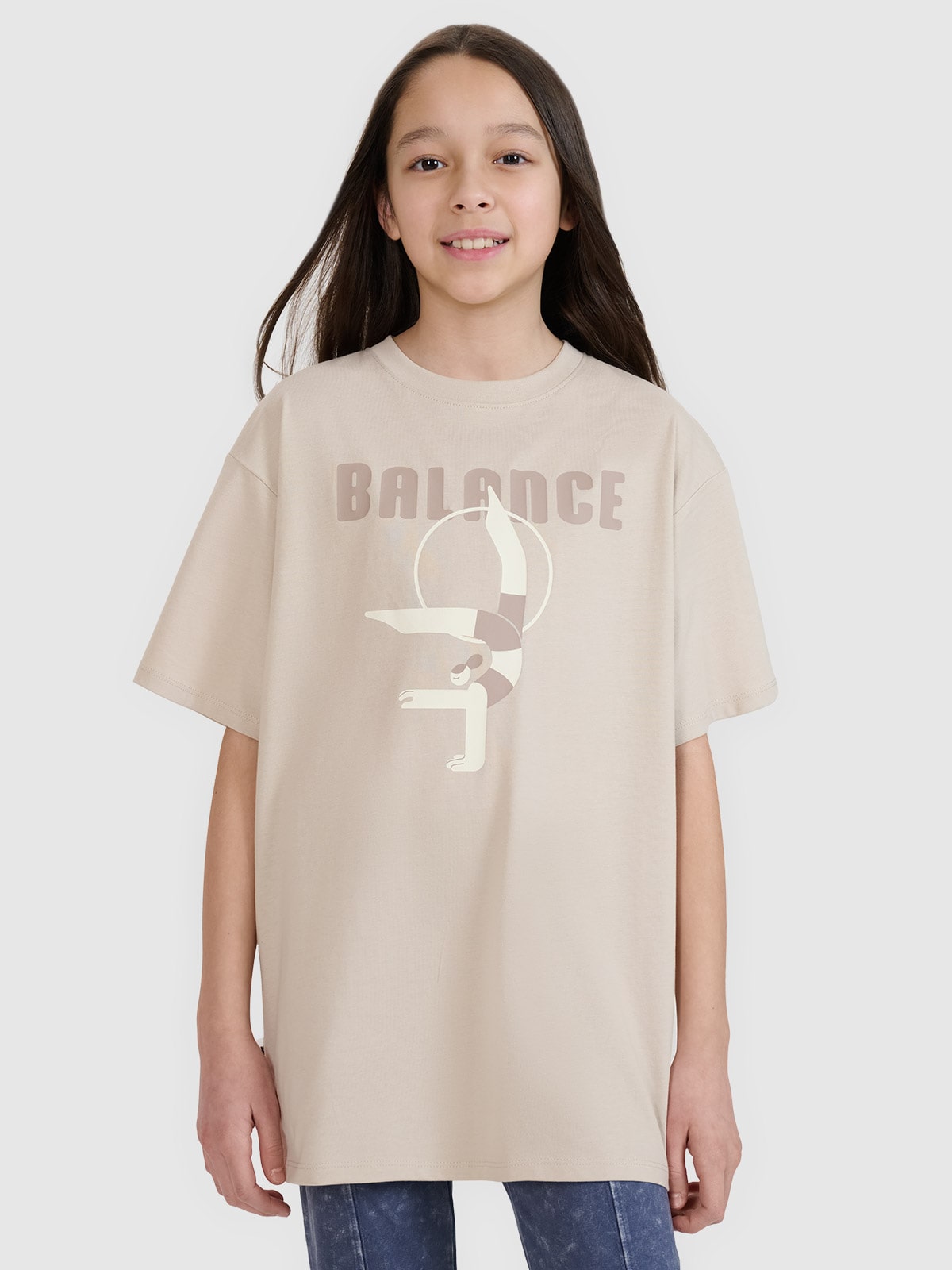Футболка oversize з принтом для дівчаток - бежевий