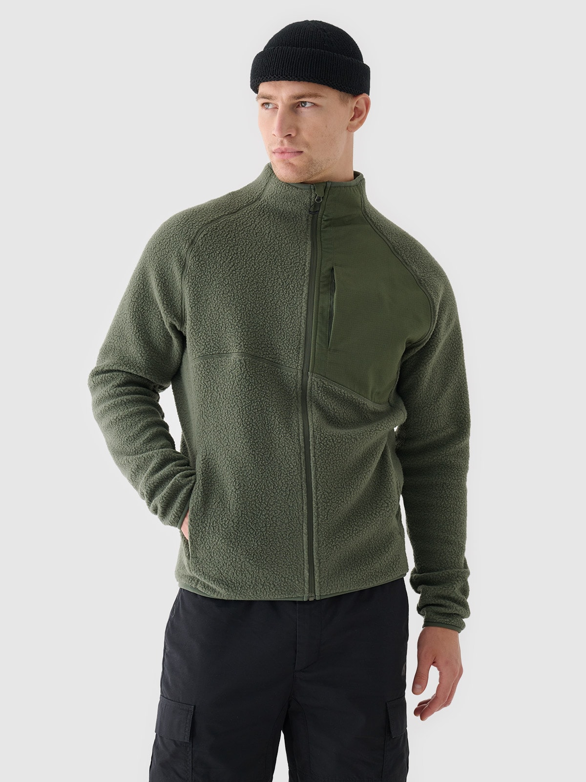 Чоловічий фліс sherpa з коміром-стійкою - оливковий/хакі