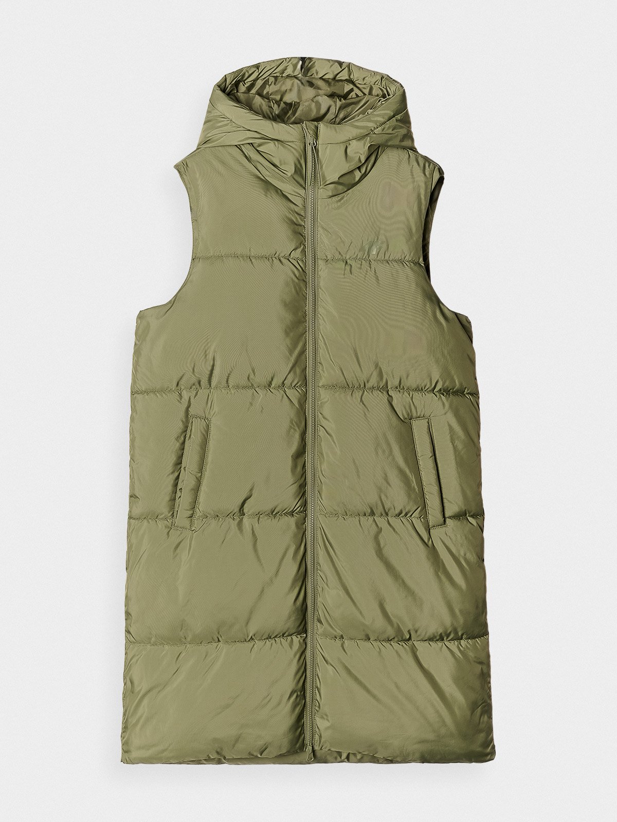 Жіноча довга стьобана пухова жилетка з капюшоном - хакі