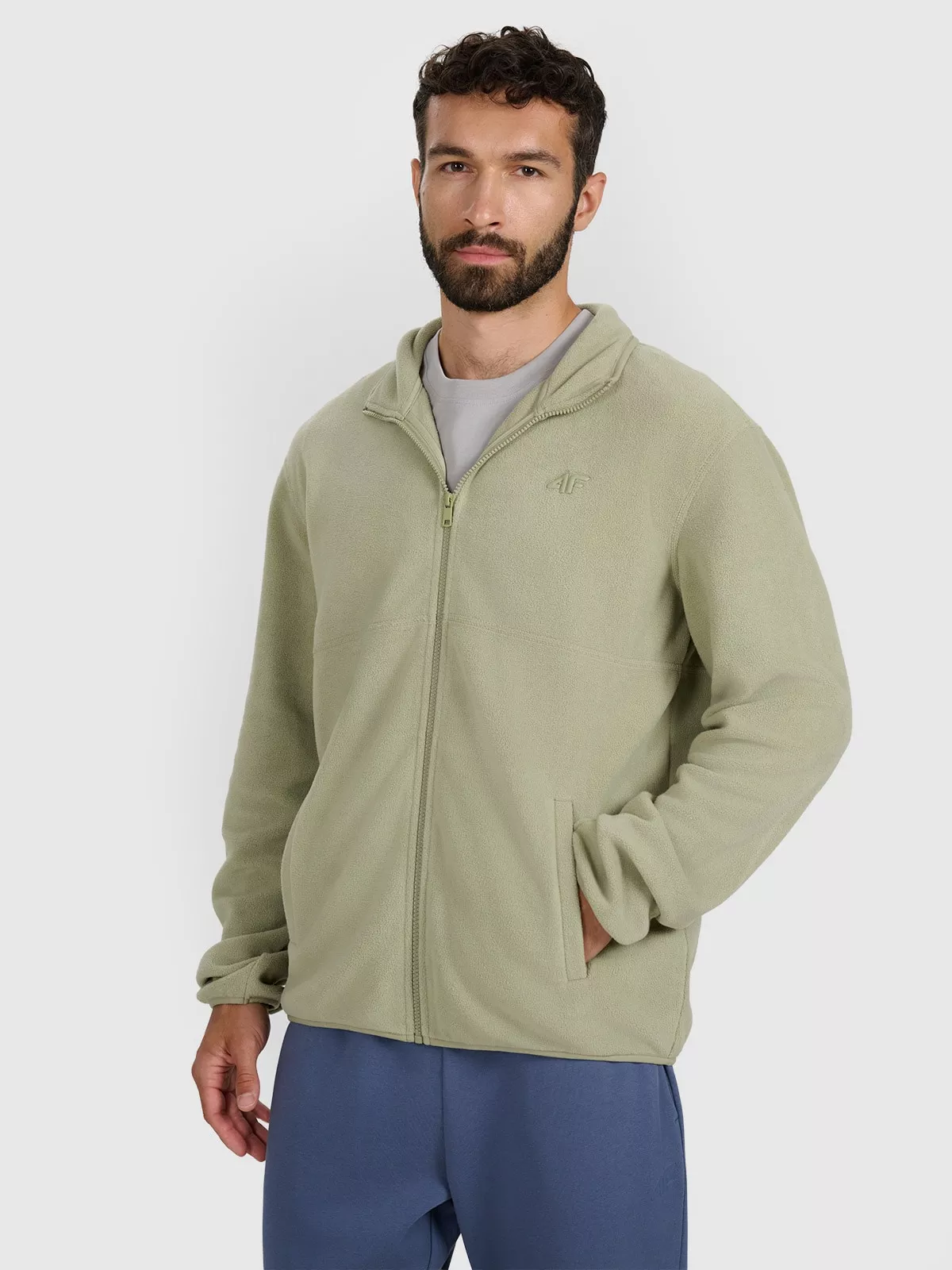 Чоловічий фліс з коміром regular - оливковий