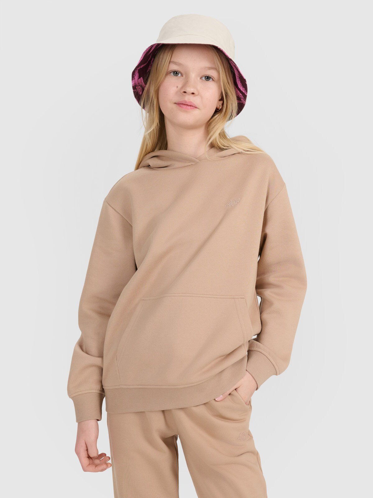 Дитяча спортивна кофта без застібки з капюшоном для дівчат - бежева