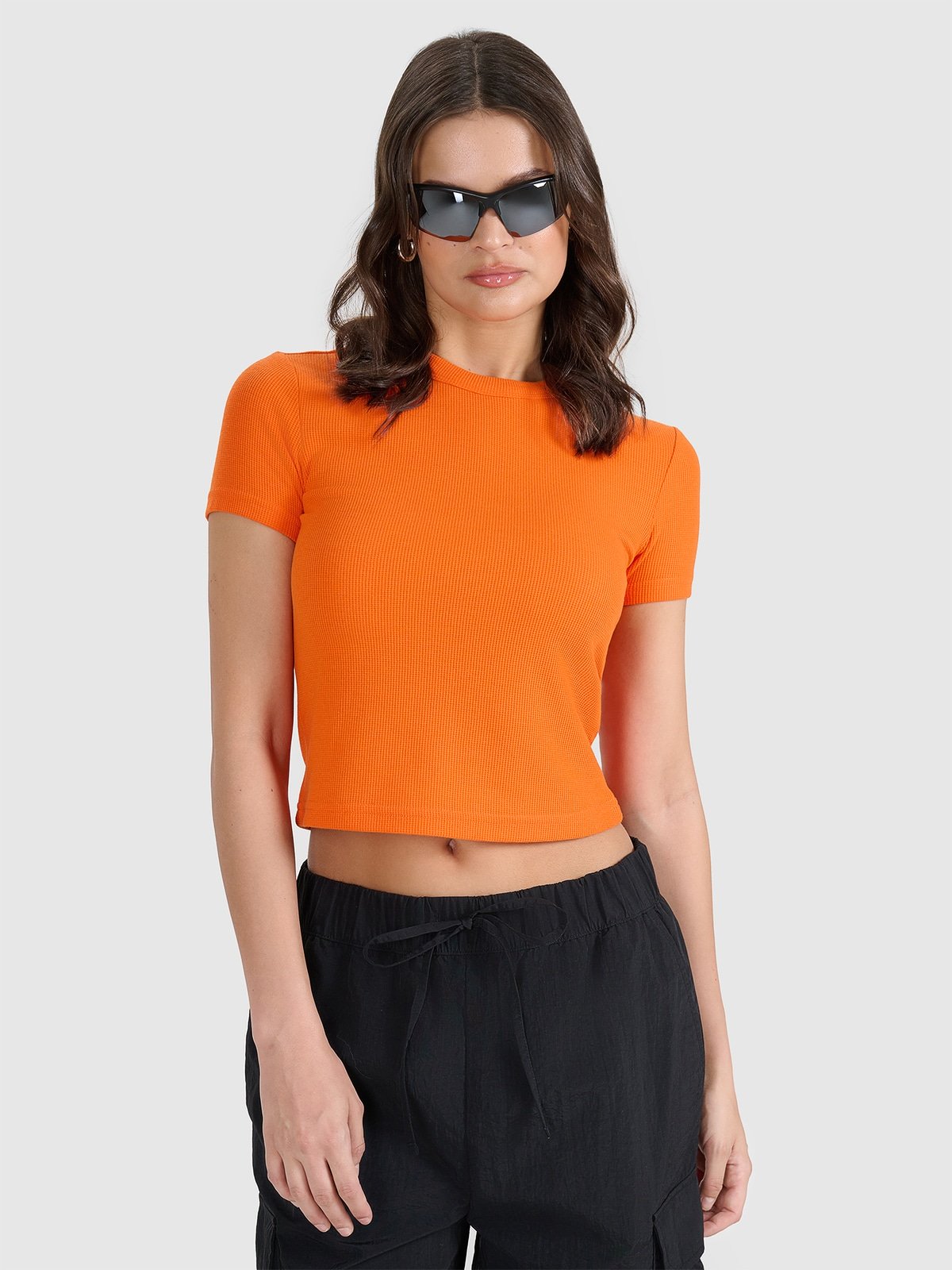 T-shirt slim з вафельної тканини жіночий - помаранчевий