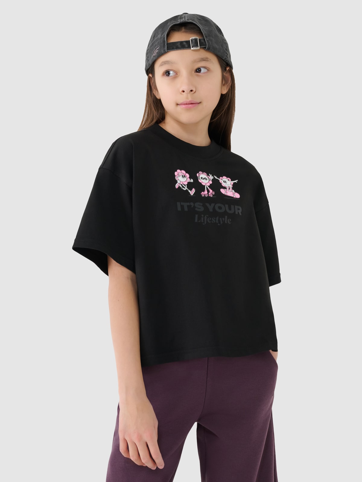 Crop top oversize з принтом для дівчаток - чорний