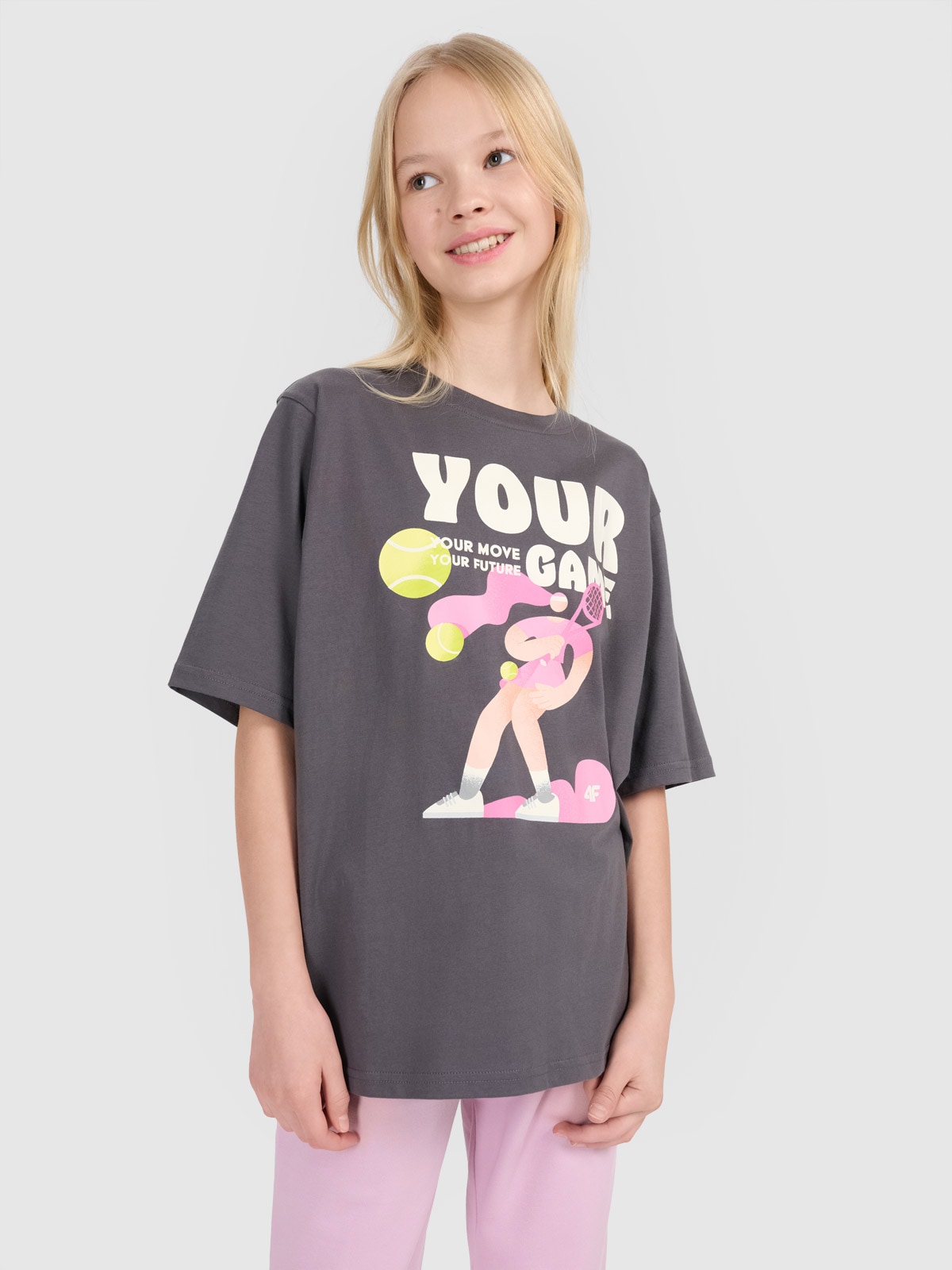 Футболка oversize з принтом для дівчаток - сірий
