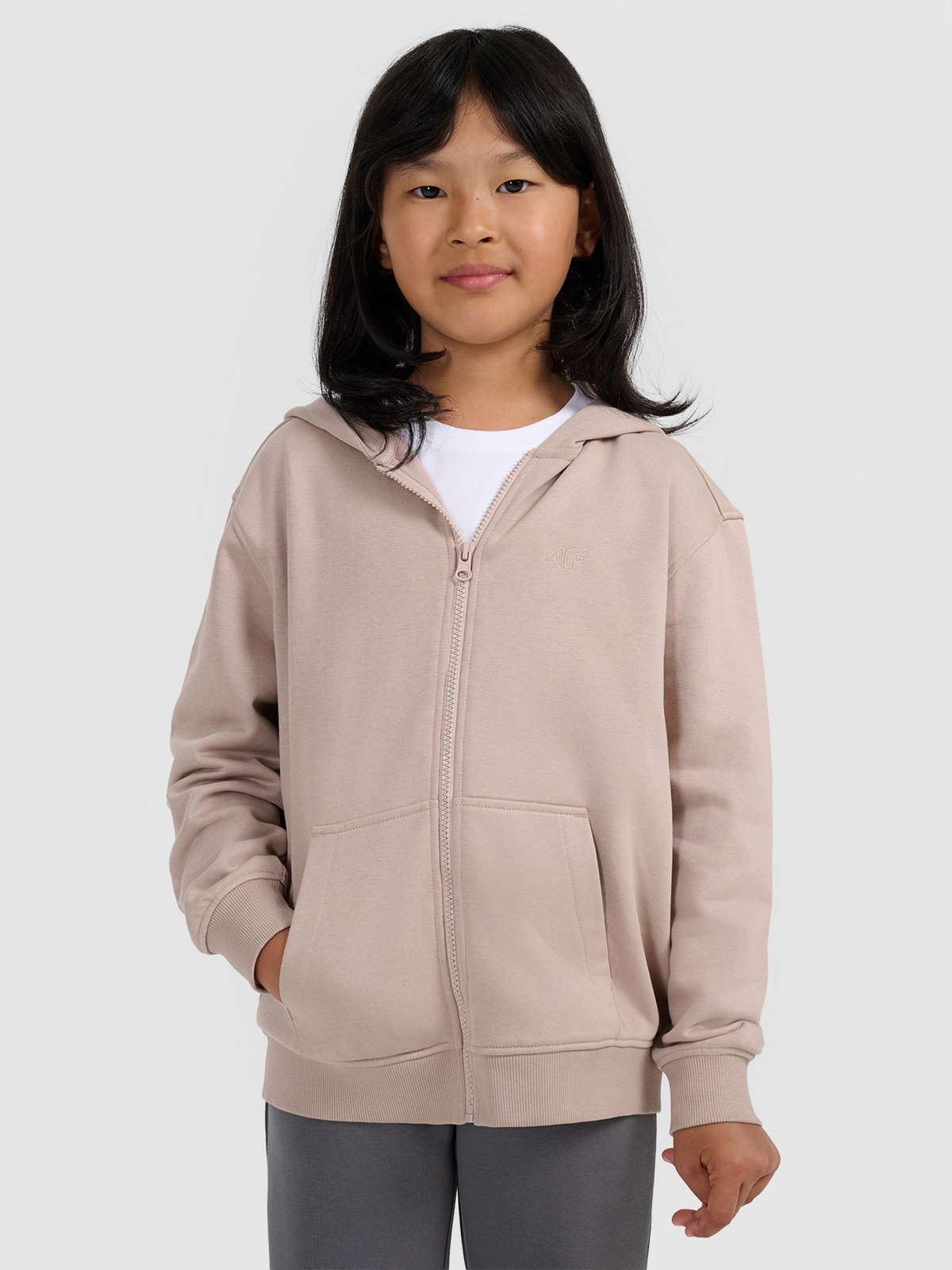 Дівоча спортивна розстібна кофта з капюшоном - бежева