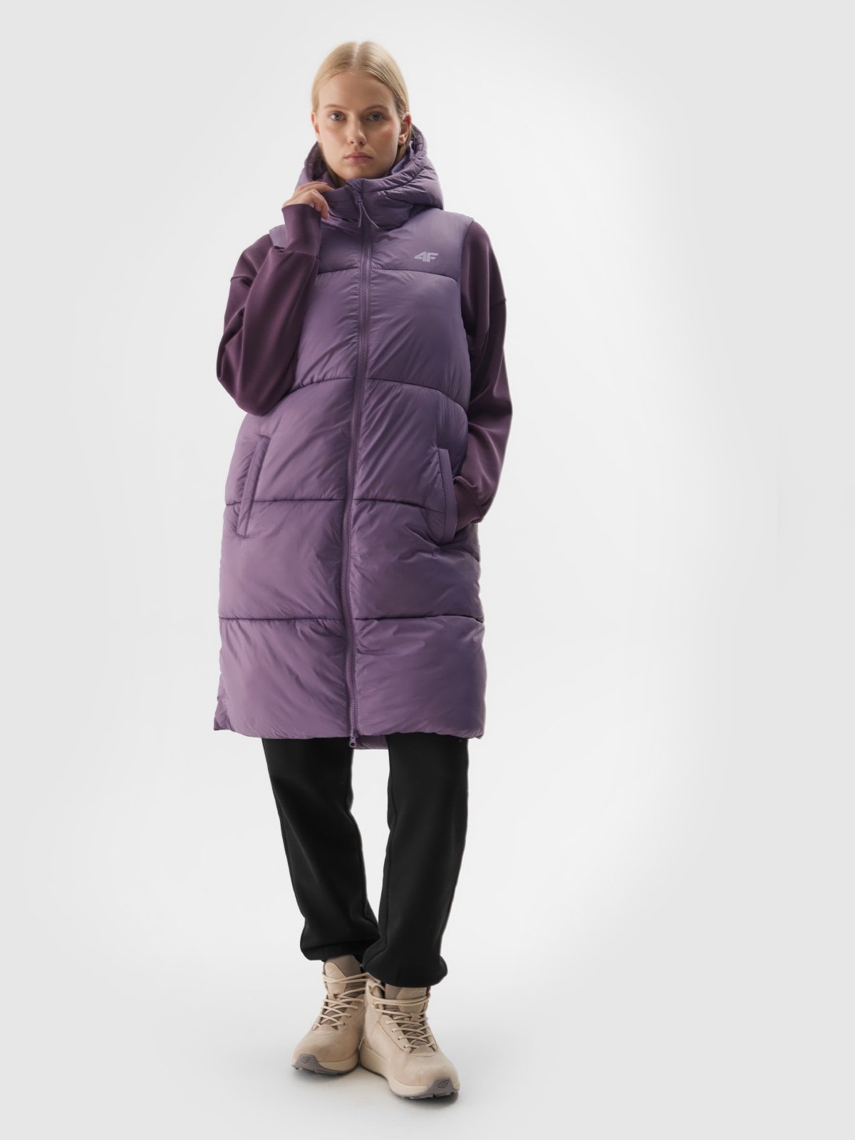 Жіноча стьобана пухова жилетка з капюшоном - фіолетовий