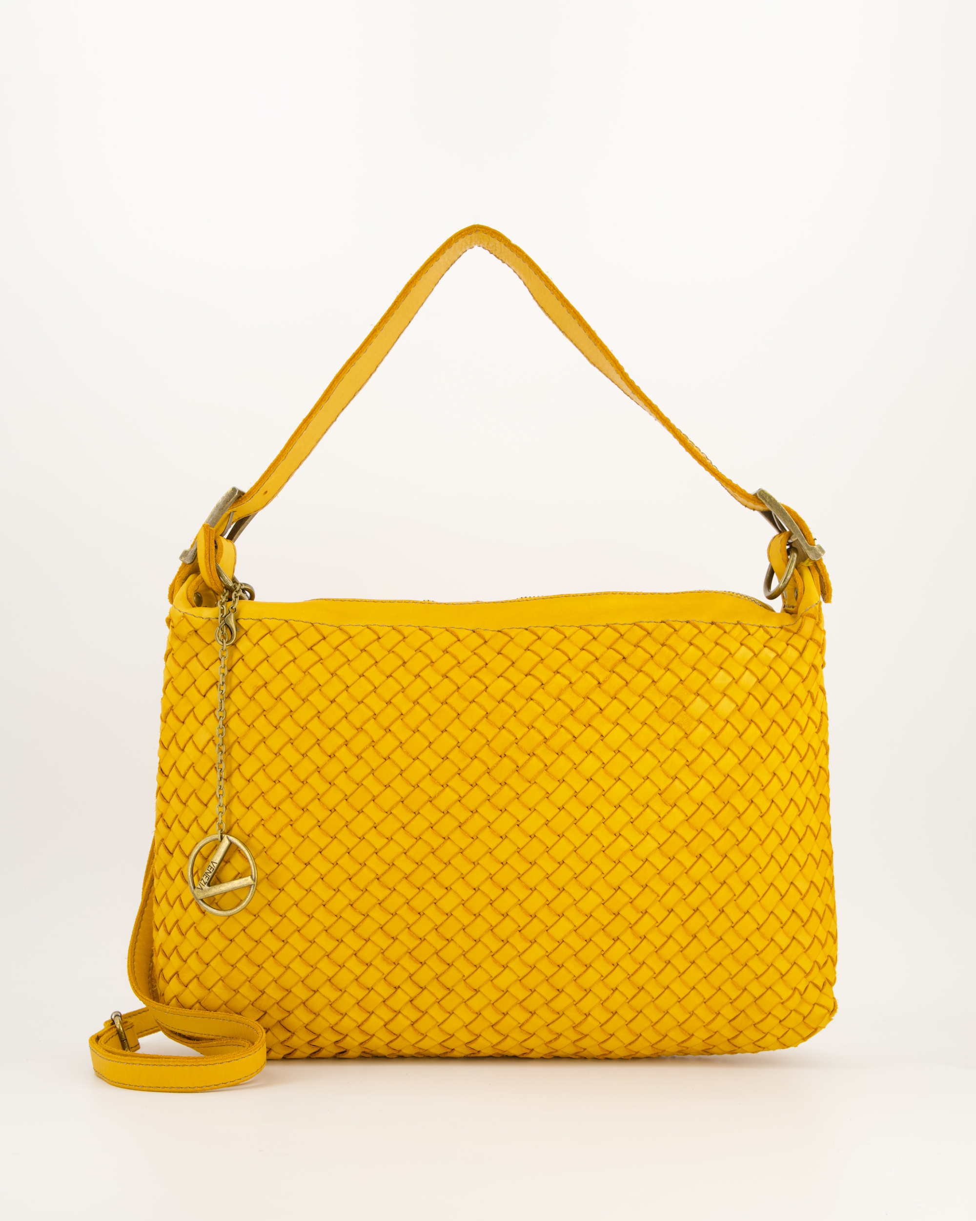 Żółta shopperka damska z plecionej skóry naturalnej W069LEYETOR097