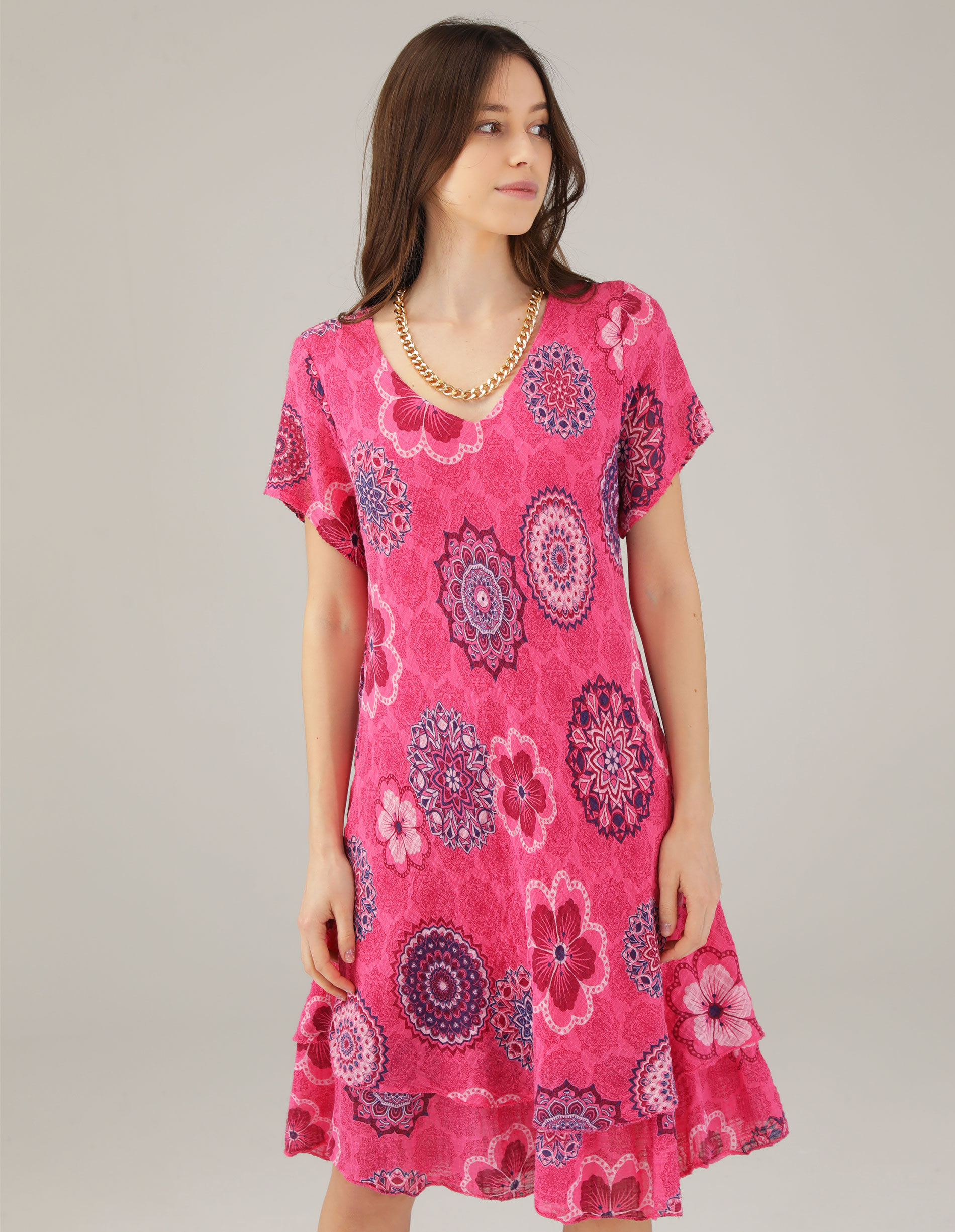 WZORZYSTA SUKIENKA Z BAWEŁNY 274-1796C FUXIA