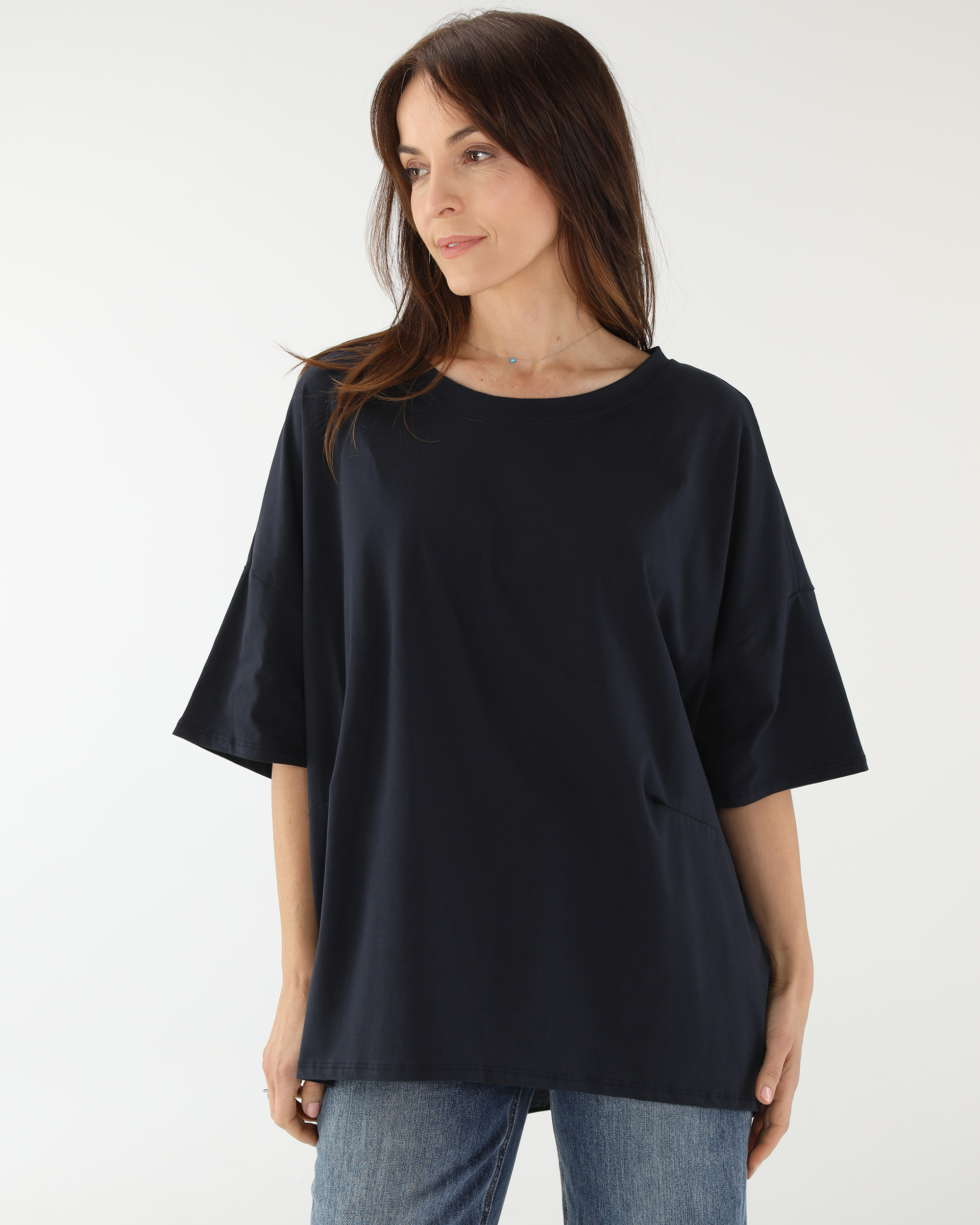 GŁADKA BLUZKA Z BAWEŁNY I KREPY 109-24069 BLU SC