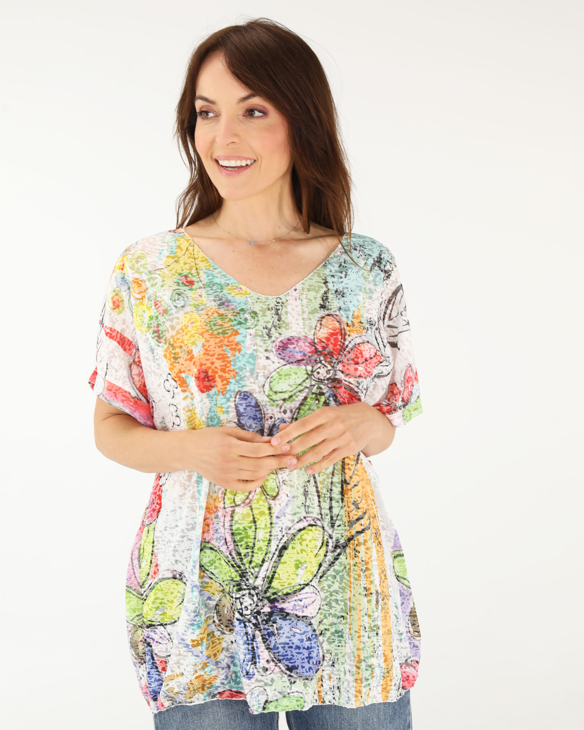 BLUZKA W KOLOROWE KWIATY 32-9530 BIANCO