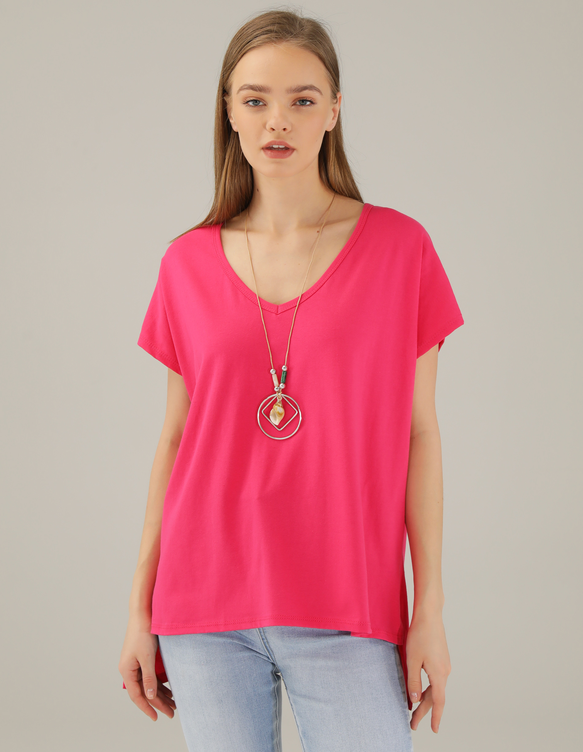 BAWEŁNIANA BLUZKA Z NASZYJNIKIEM 18-23006 FUXIA