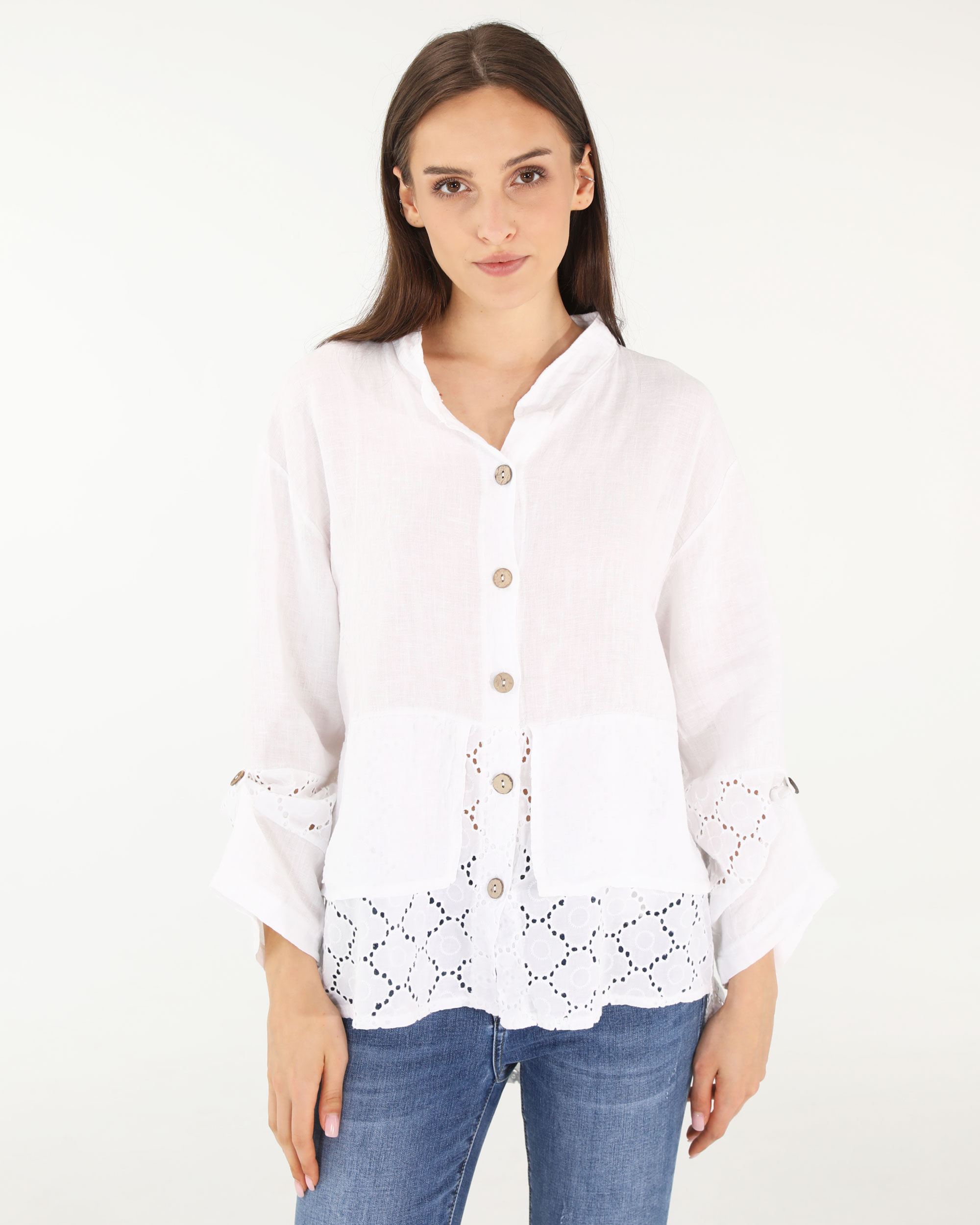 BIAŁA KOSZULA Z AŻUROWYM ZDOBIENIEM 170-80106 BIANCO