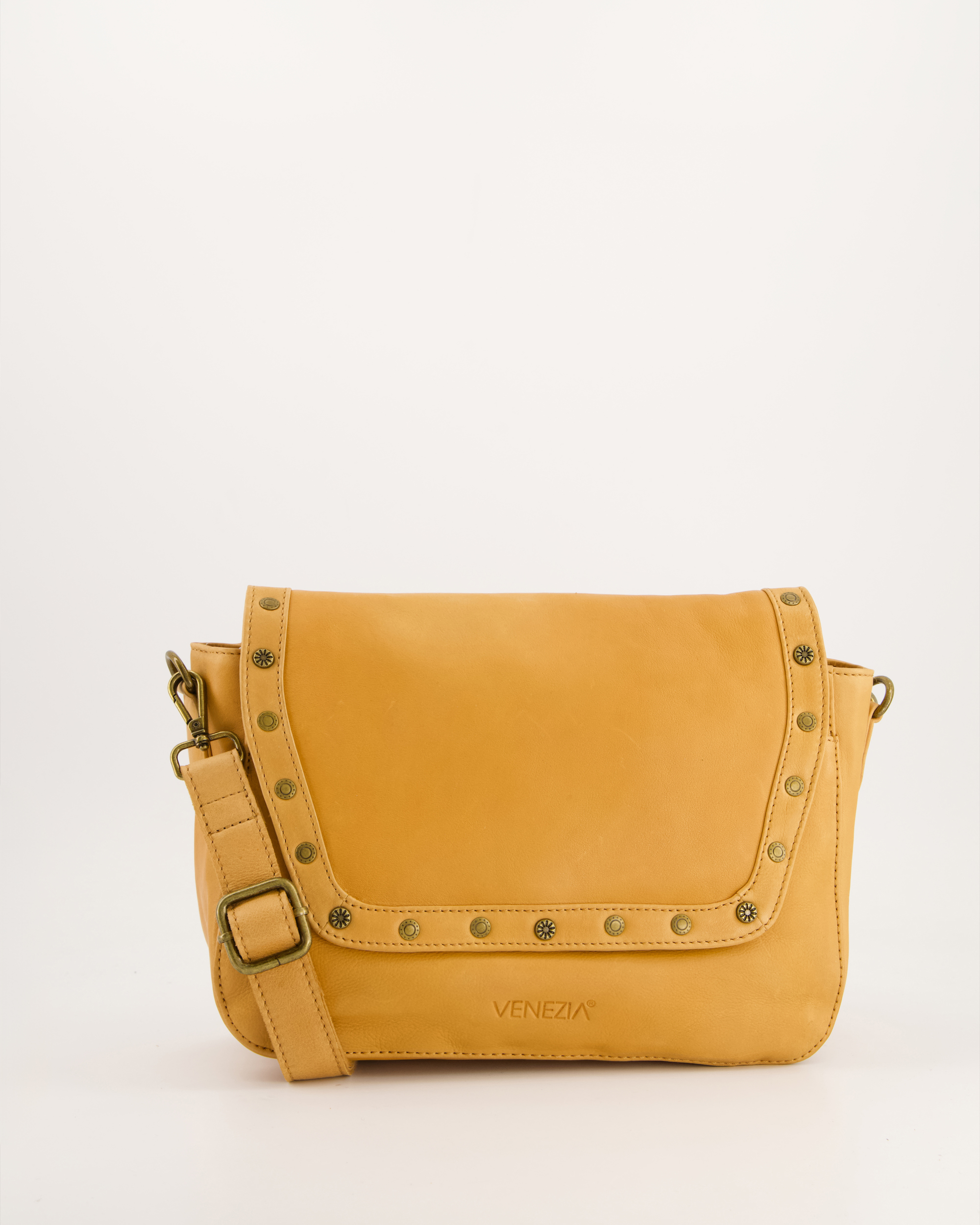 Klasyczna skórzana listonoszka ze złotymi nitami