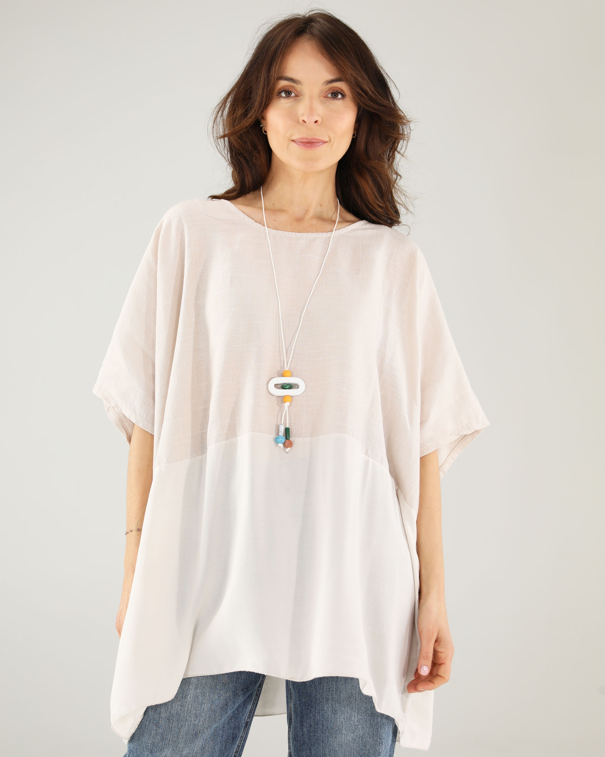 SWOBODNA BLUZKA Z NASZYJNIKIEM 142-23153LU BEIG