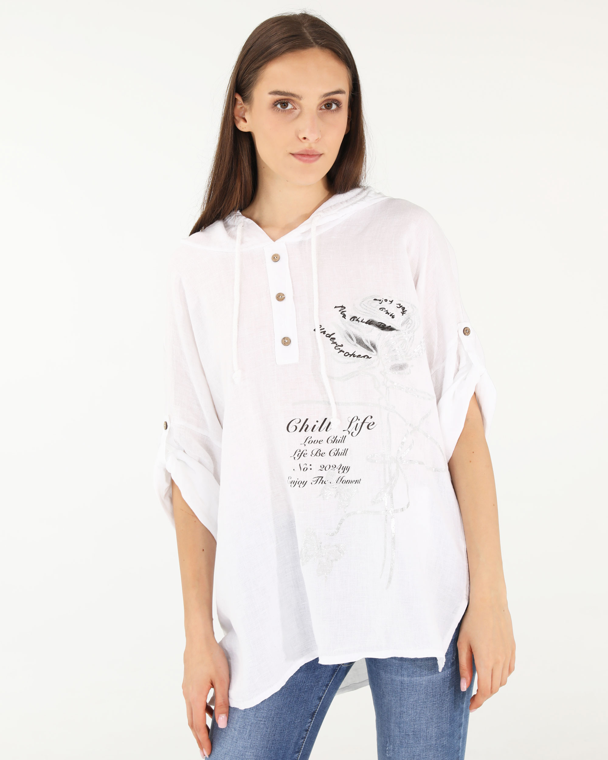 LNIANA BLUZKA Z KAPTUREM 170-80107 BIANCO