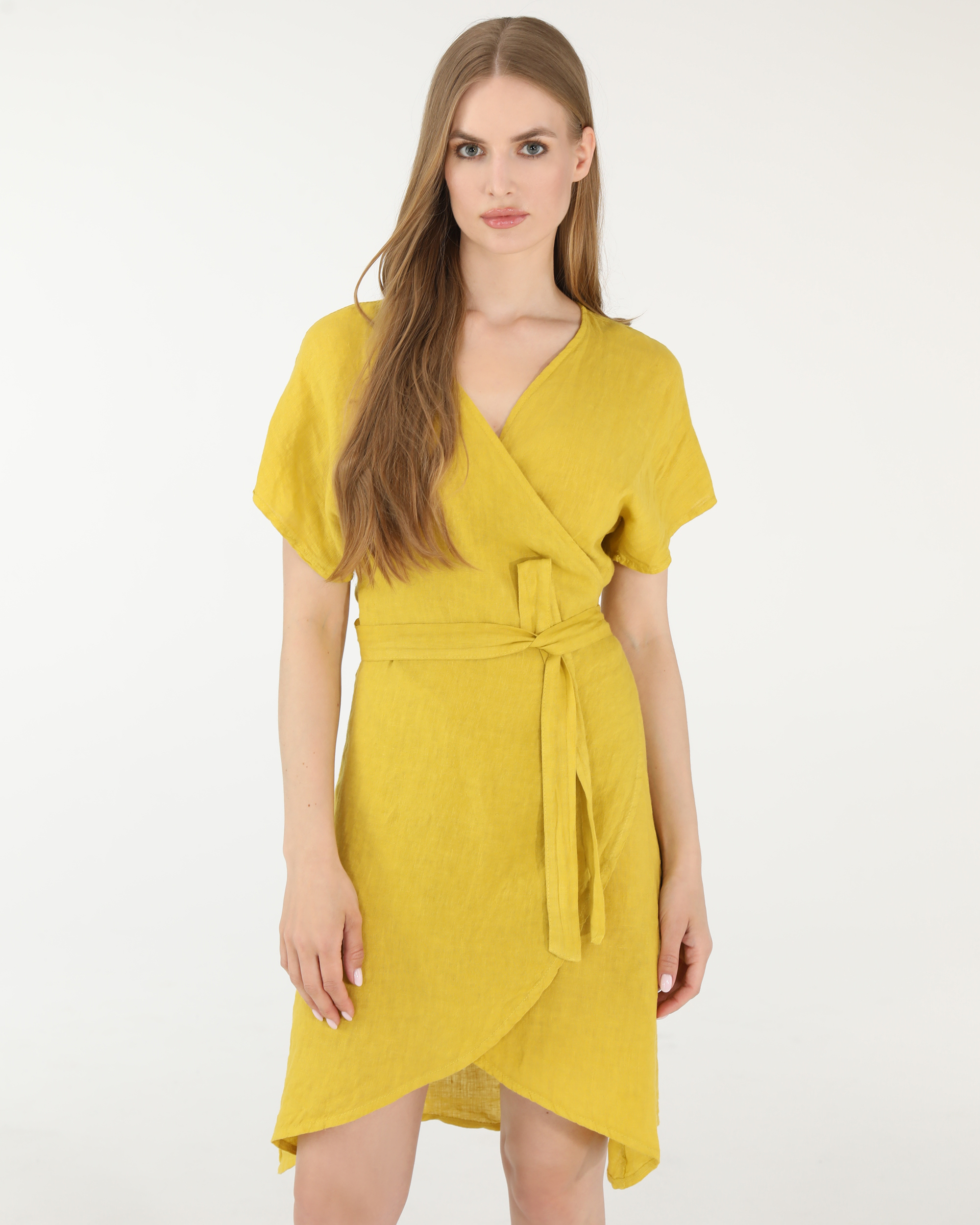 ŻÓŁTA SUKIENKA Z LNU 239-6483 SENAPE