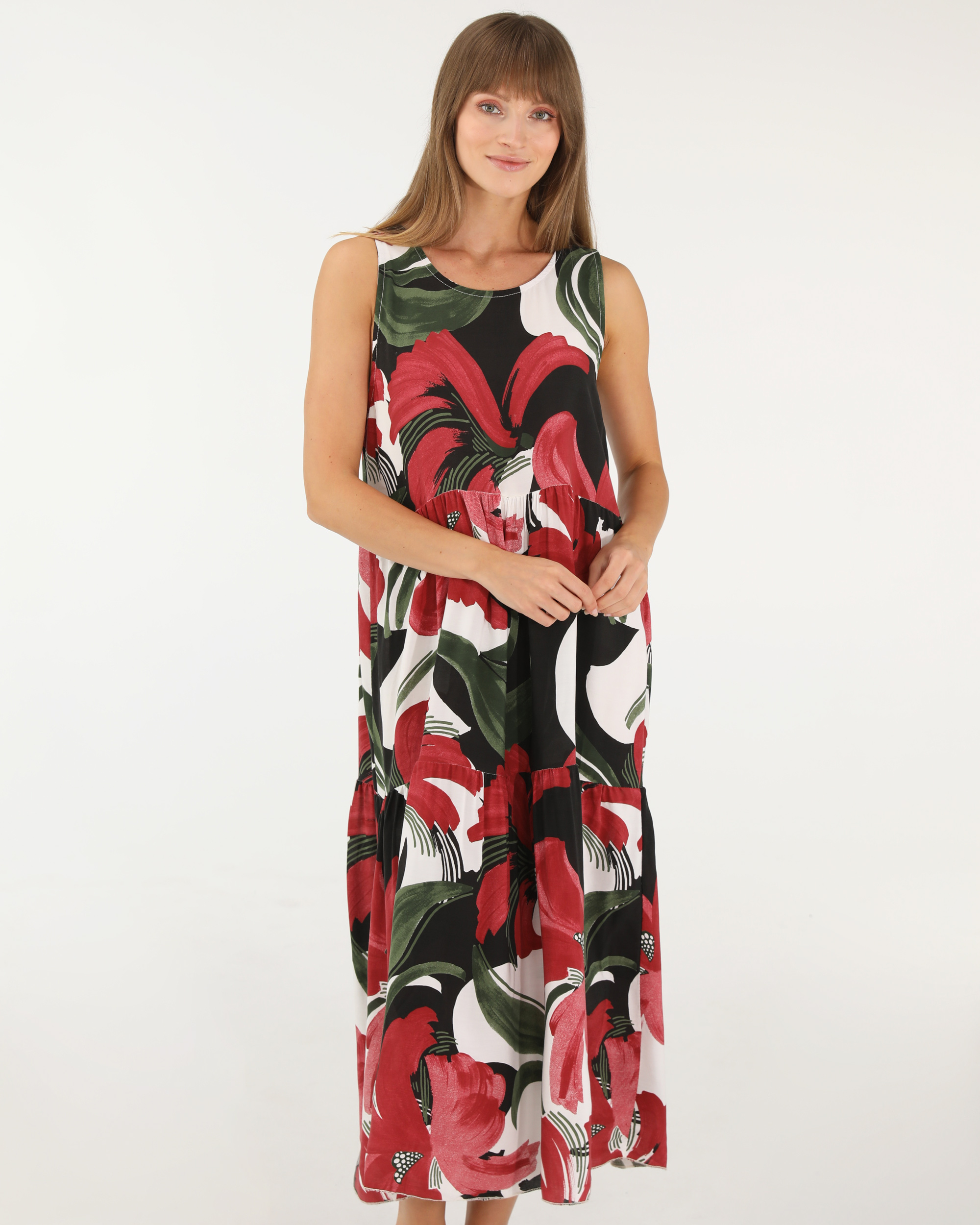 WZORZYSTA SUKIENKA Z WISKOZY 216-24158 BORDO