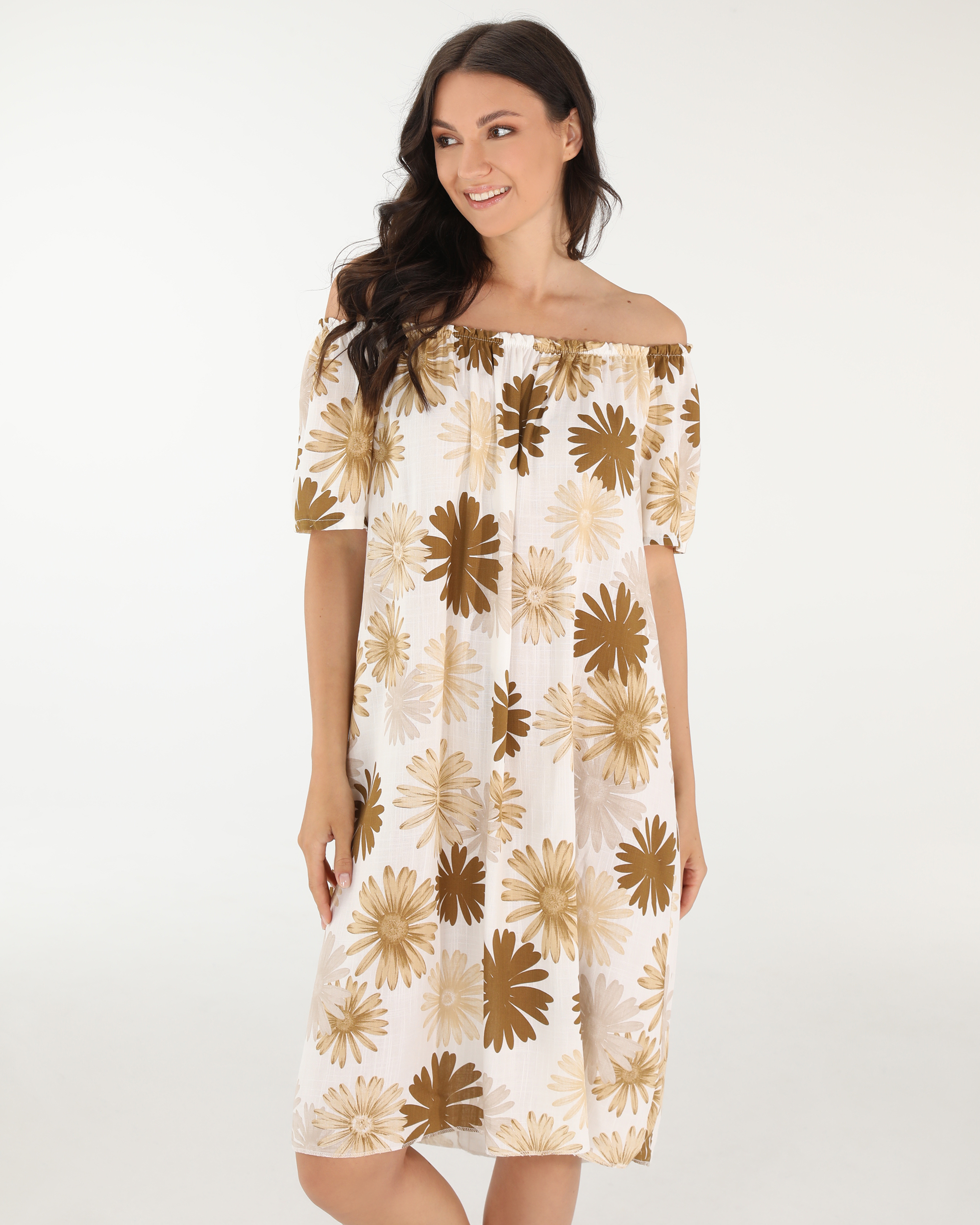 BAWEŁNIANA SUKIENKA W KWIATY 216-24106 CAMELL