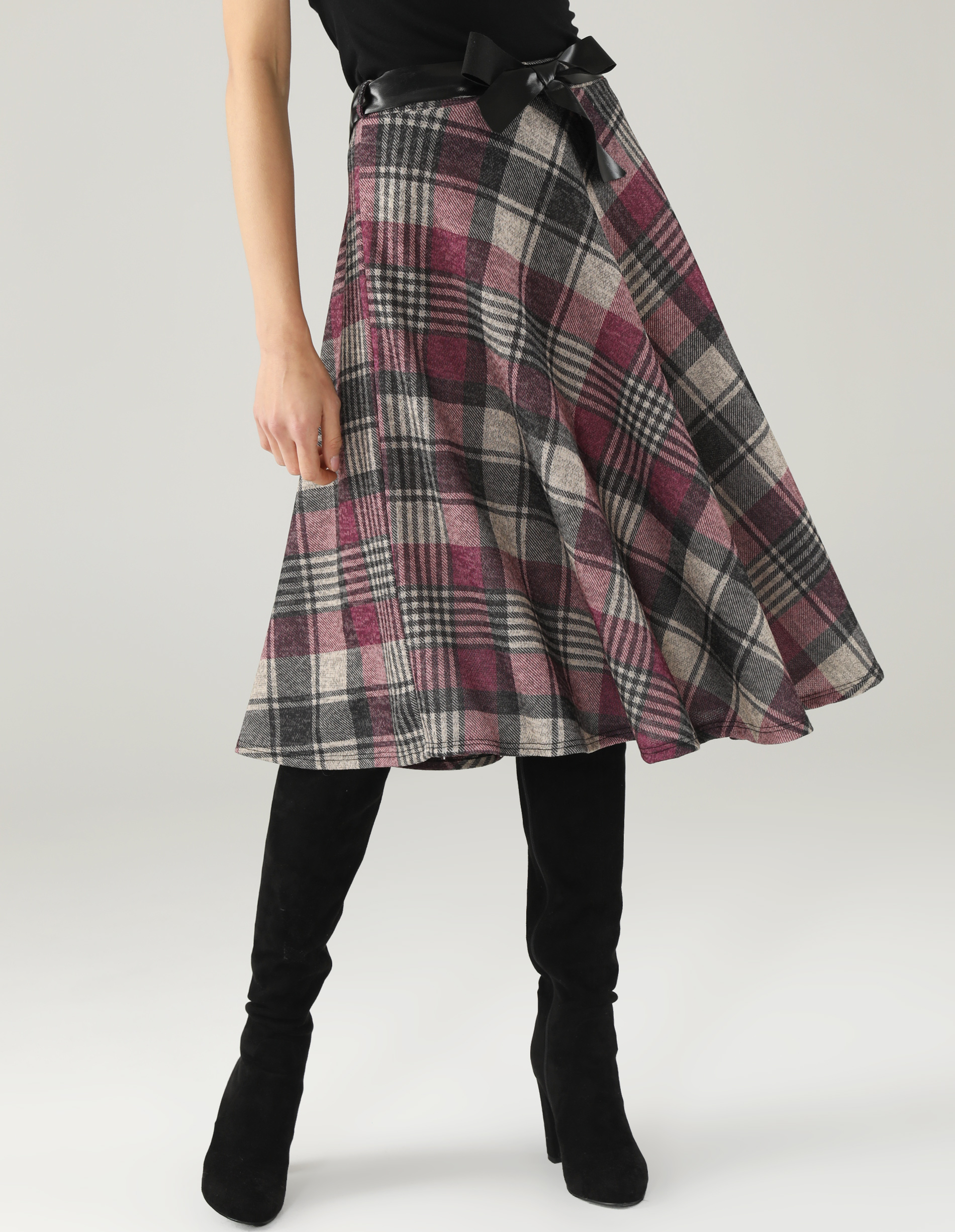 SPÓDNICA W KRATĘ Z PASKIEM 202-9650CB BORDO