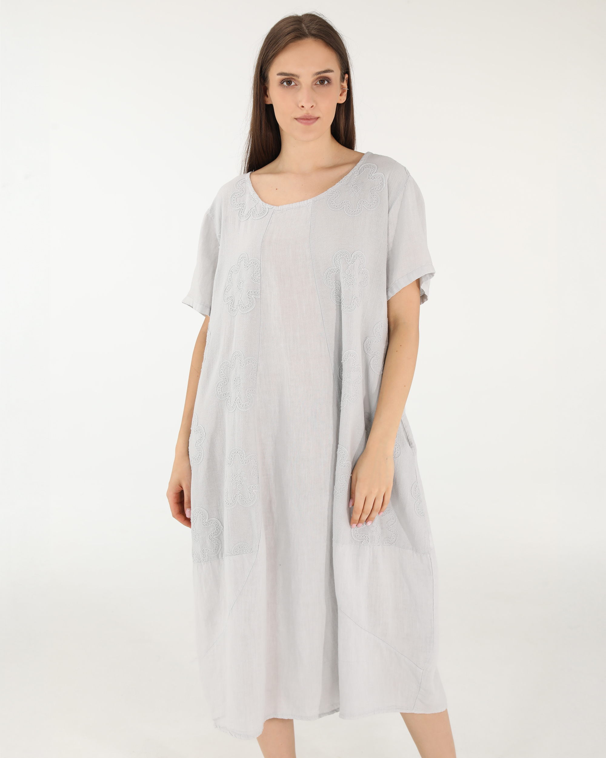 SZARA SUKIENKA Z LNEM 170-80114 GRI CH