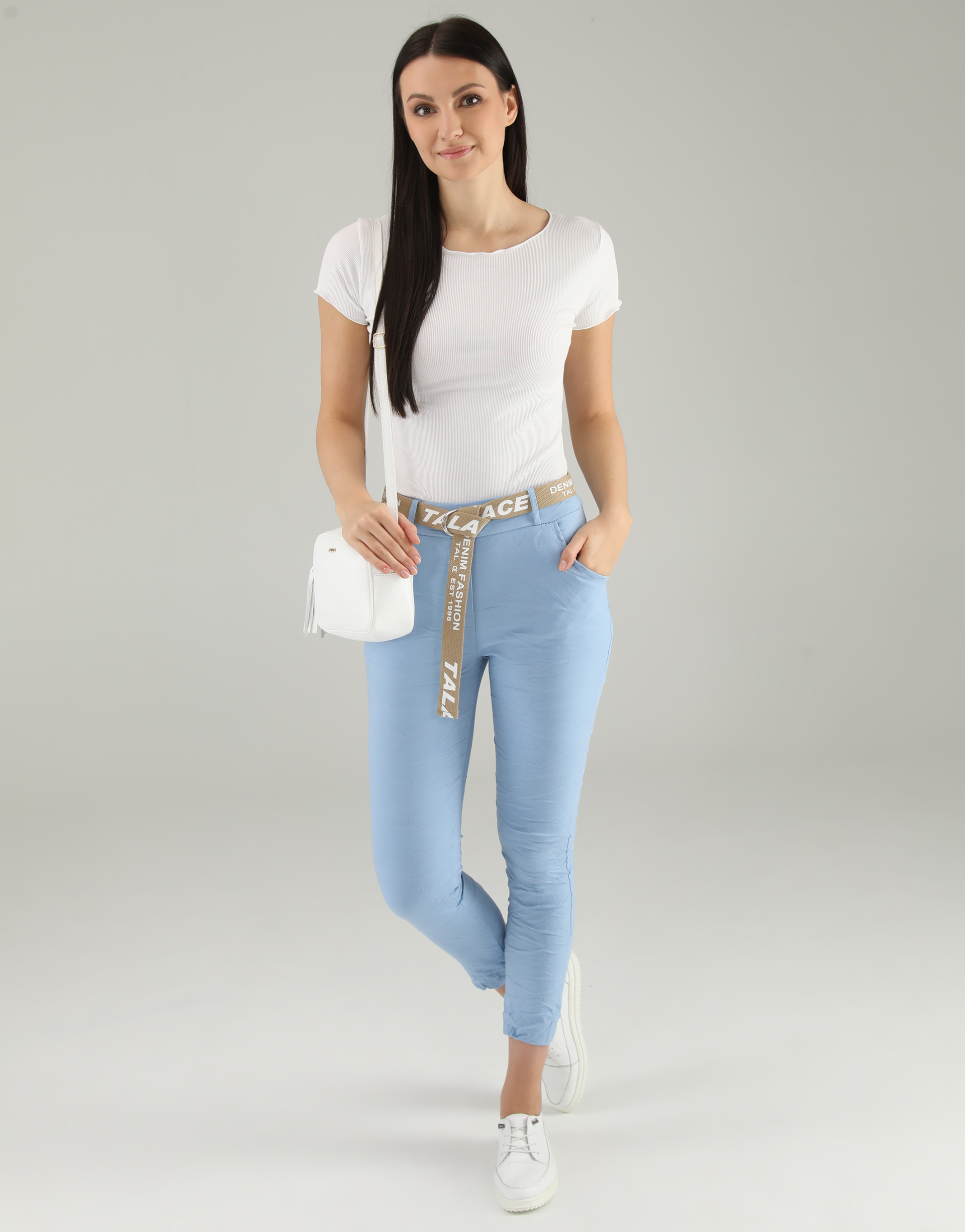 NIEBIESKIE SPODNIE Z PASKIEM 169-21329 AZZURR