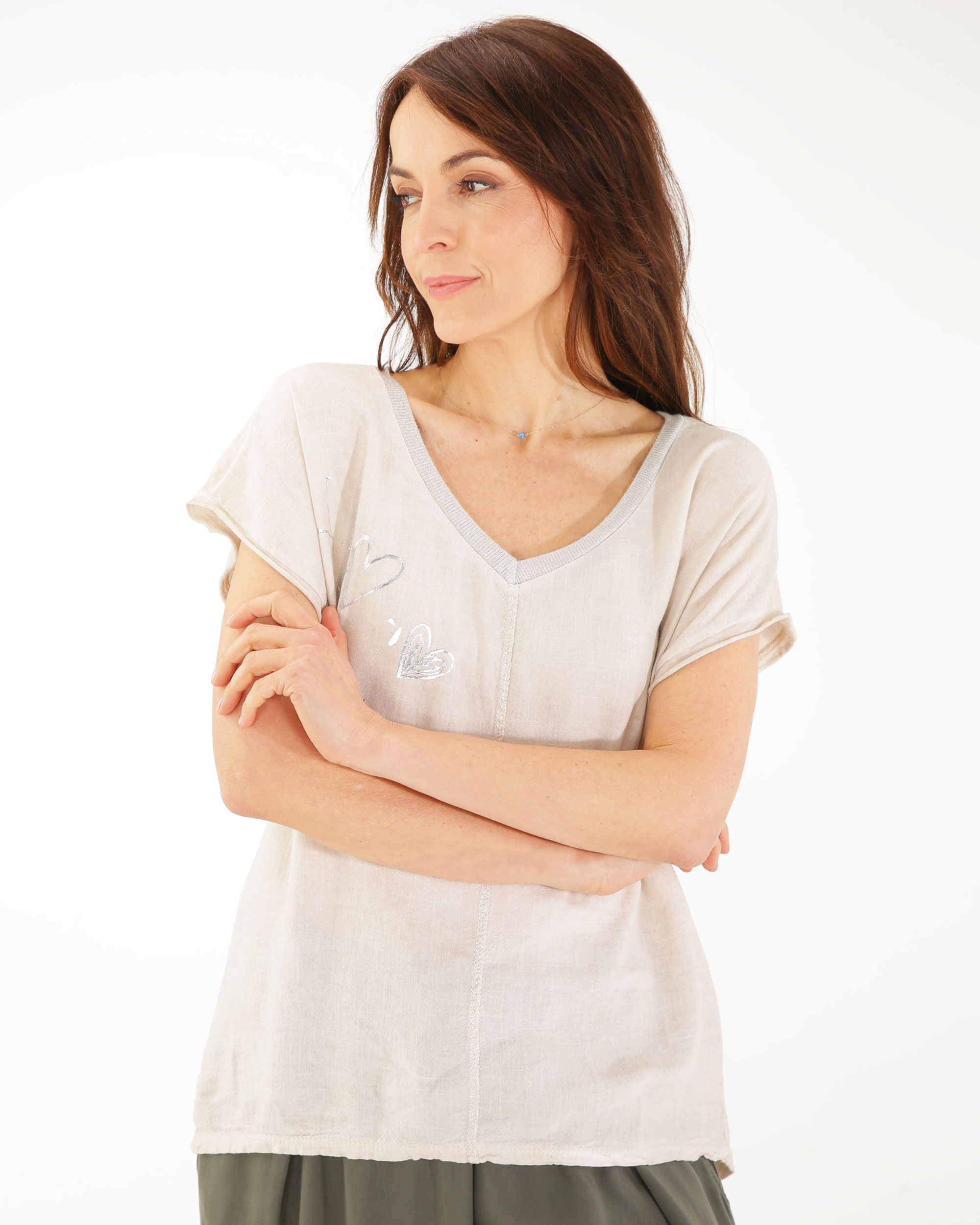 BEŻOWA BLUZKA Z NADRUKIEM 220-41548 BEIGE