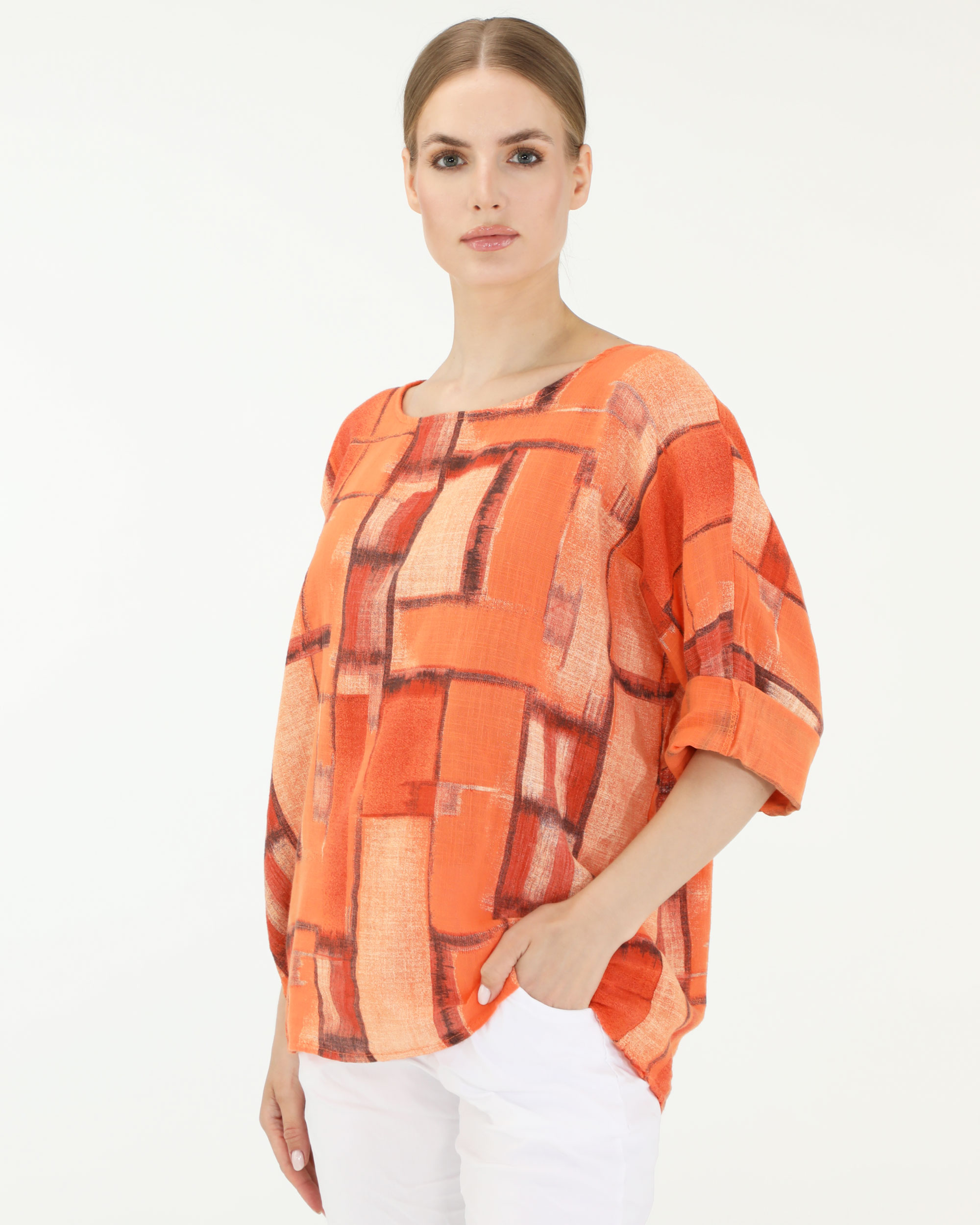 WZORZYSTA BLUZKA Z BAWEŁNY 244-2066B ARANCI