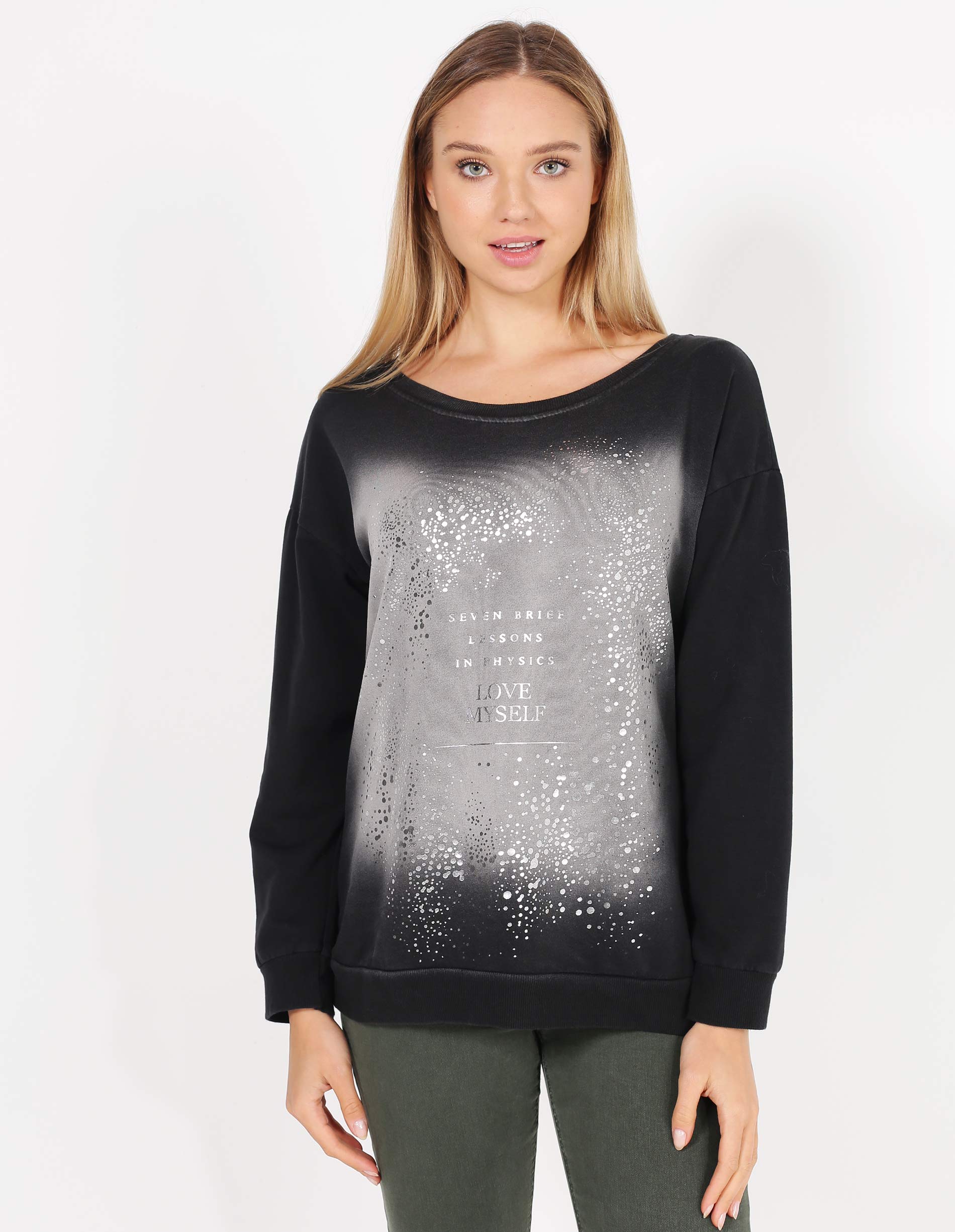 BLUZA BAWEŁNIANA Z NADRUKIEM 214-Z358 NERO