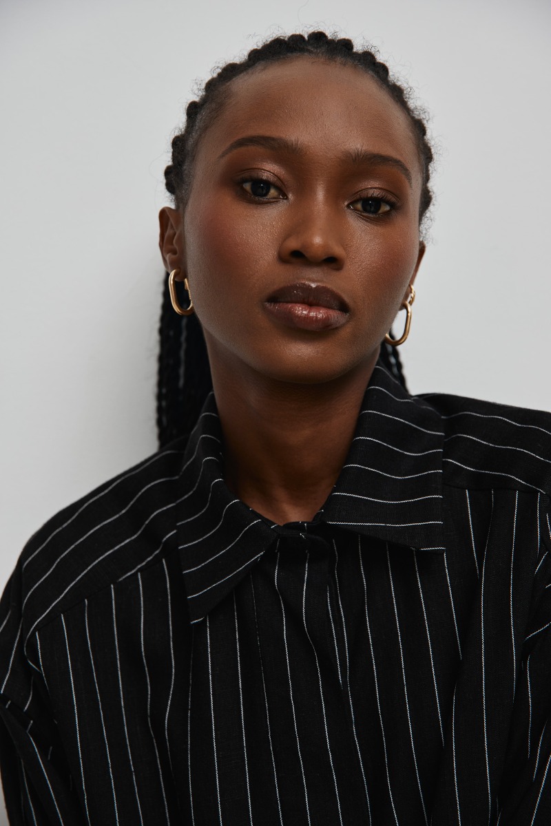 Koszula z lnem CZARNA W JASNE PASKI - SANTA FE-S/M