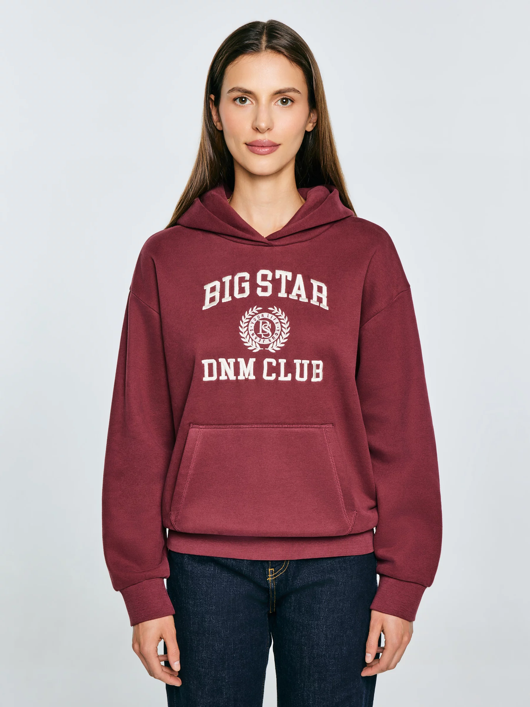 Bluza damska z kapturem z haftem bordowa Merta 604