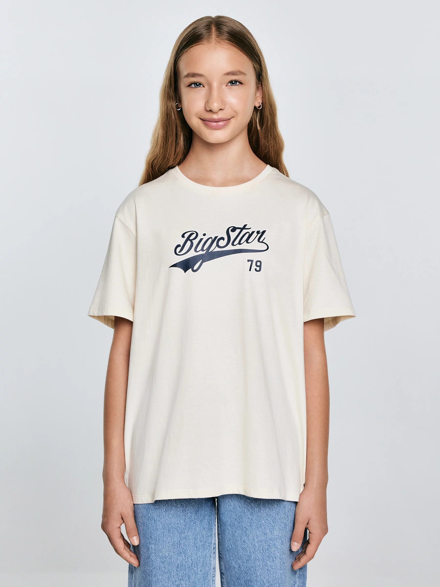 Koszulka dziewczęca oversize z nadrukiem kremowa Emillia 103