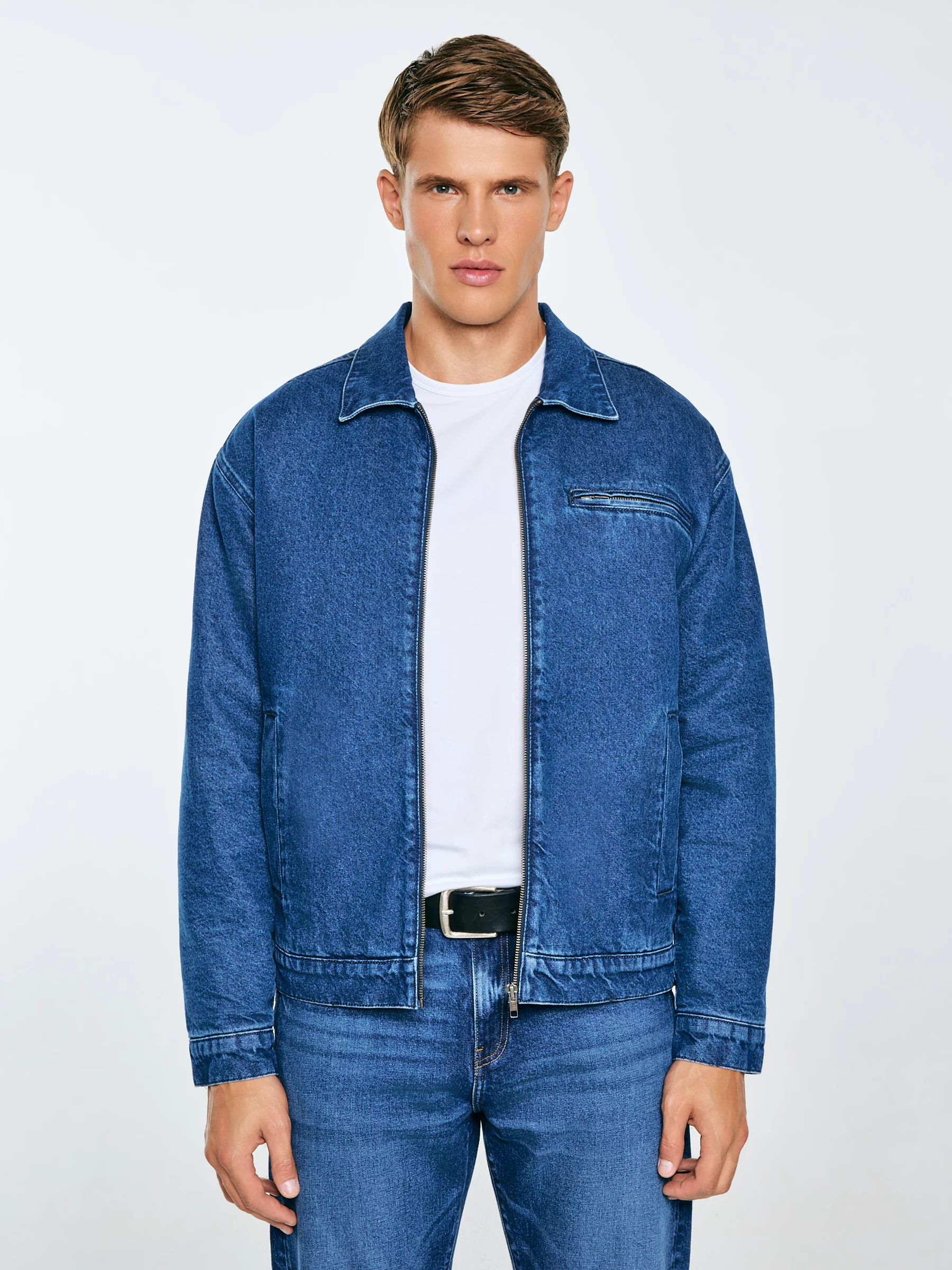 Kurtka męska jeansowa zapinana na zamek ocieplana granatowa Malcom 530