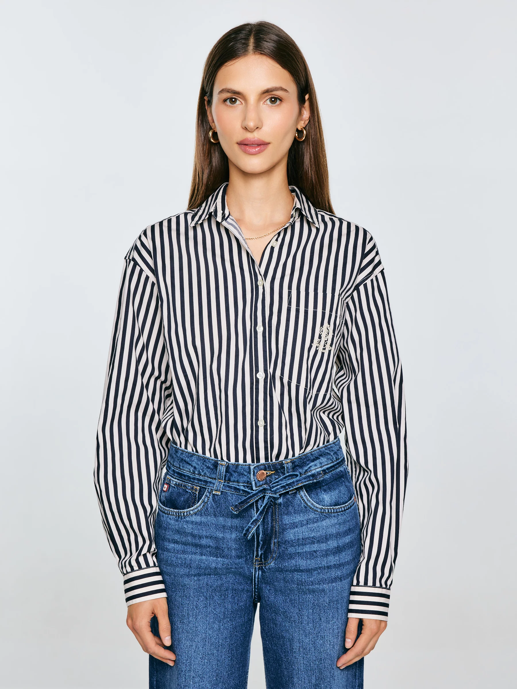 Koszula damska luźna w paski granatowo-kremowe Tina 403