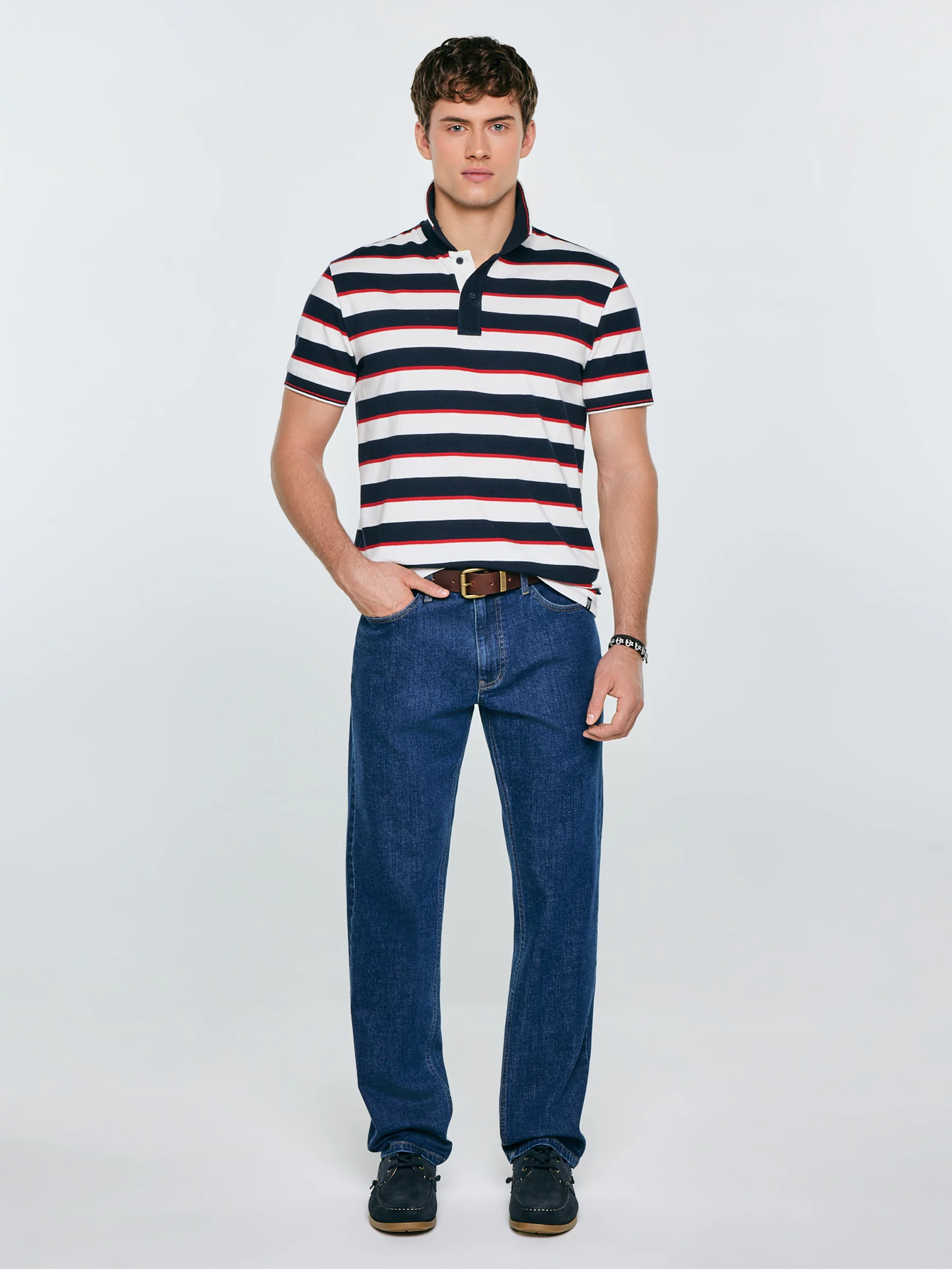 Koszulka męska polo w paski granatowo-biała Seulis 100