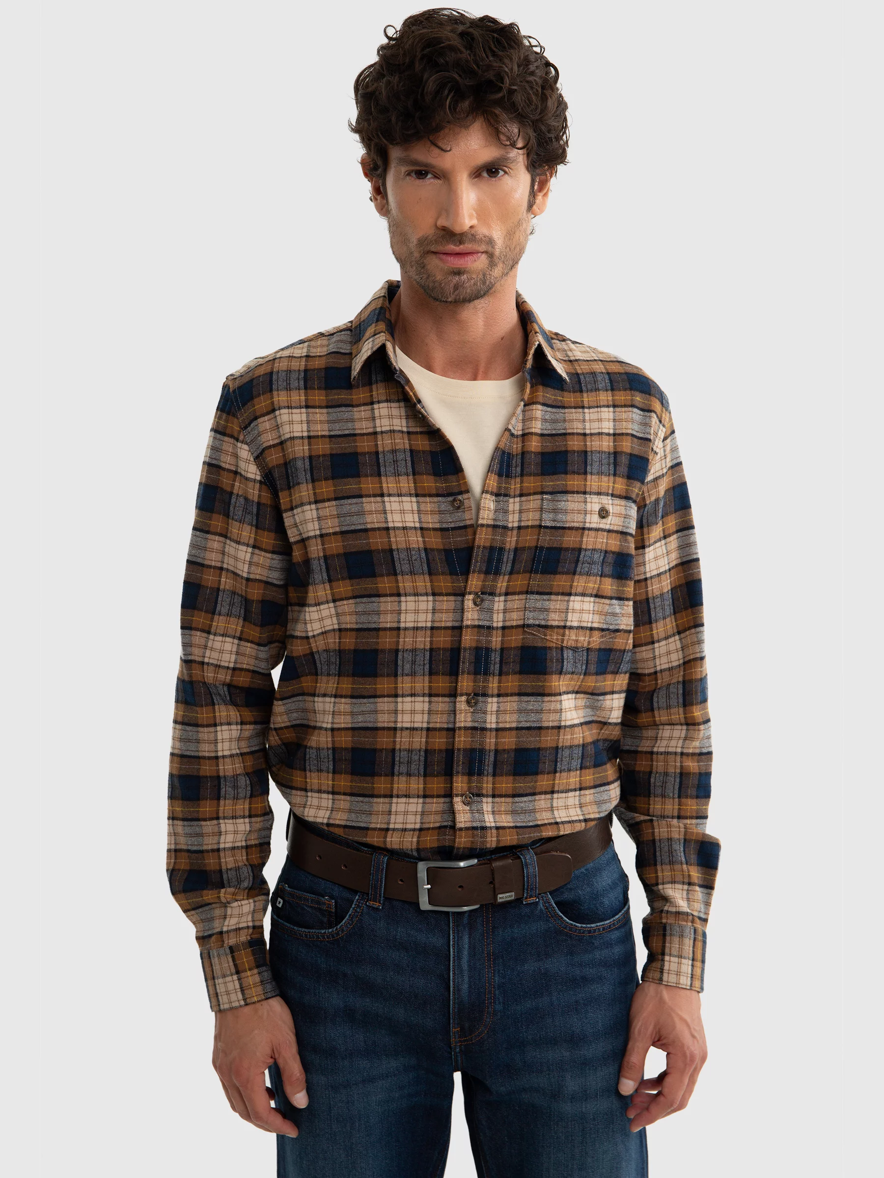 Koszula męska flanelowa w kratę brązowa Flanen 803