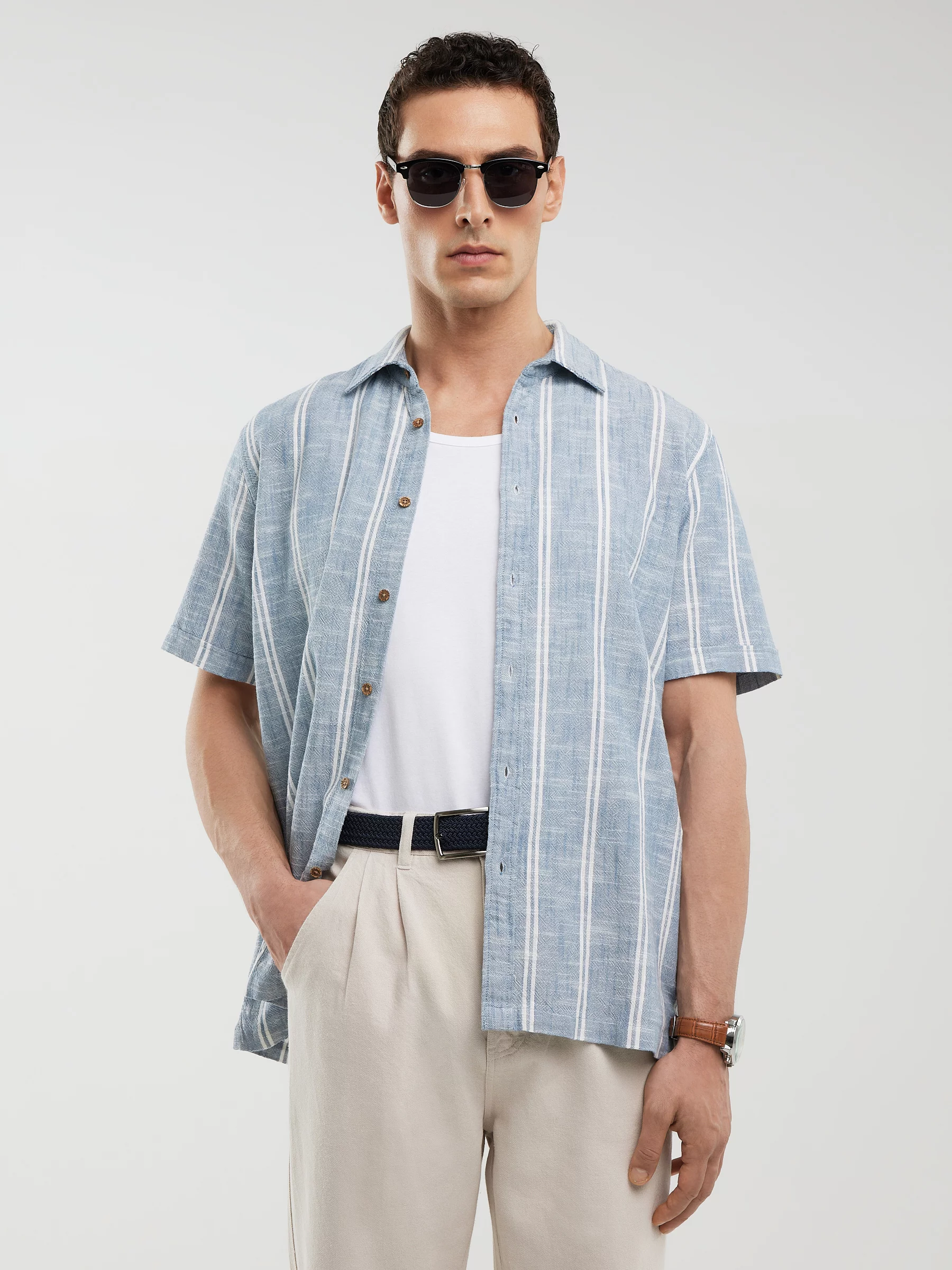 Koszula męska bawełniana w pasy niebieska Luizner 401