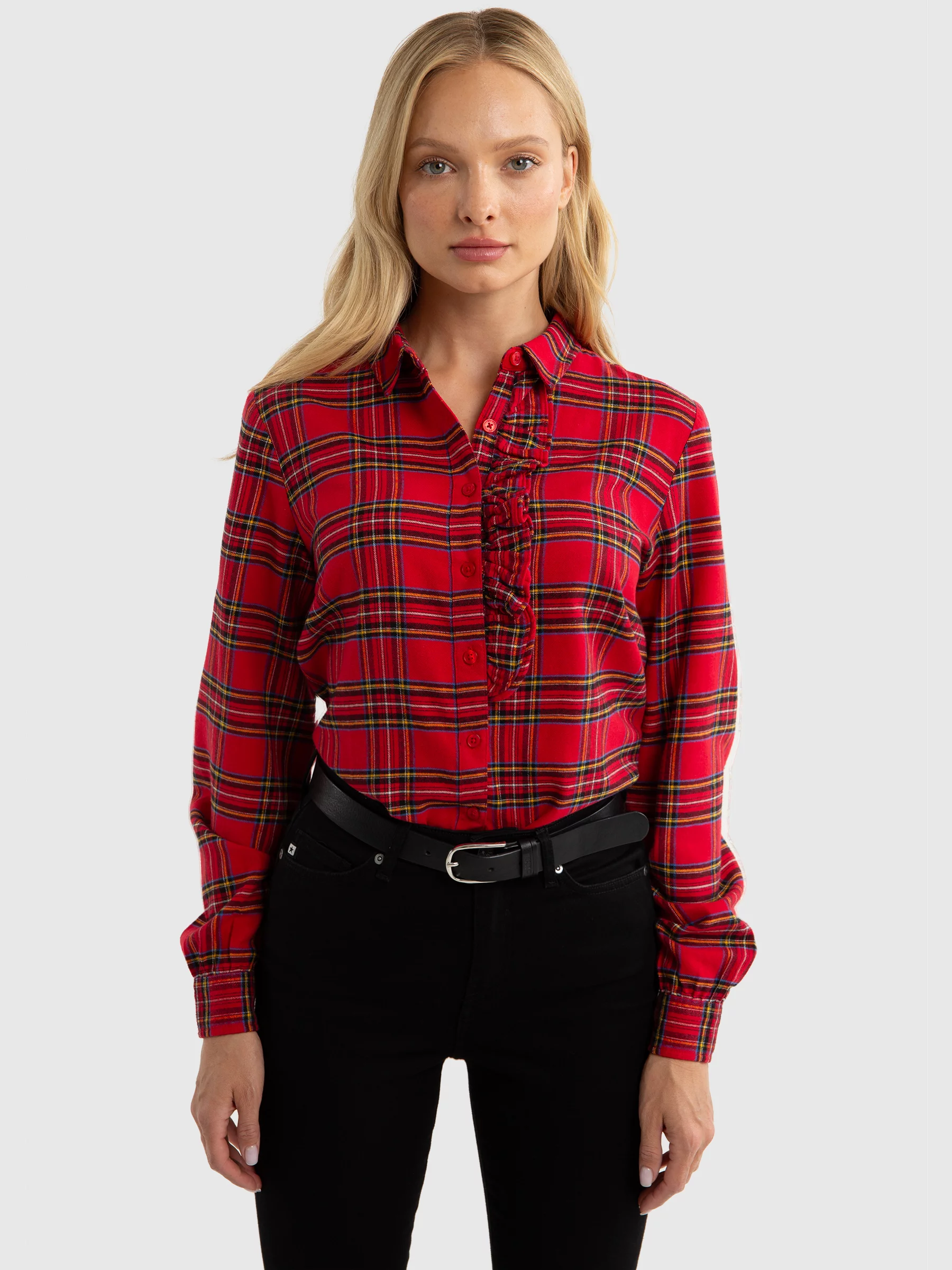 Koszula damska w kratę z ozdobną falbanką czerwona Antra 603