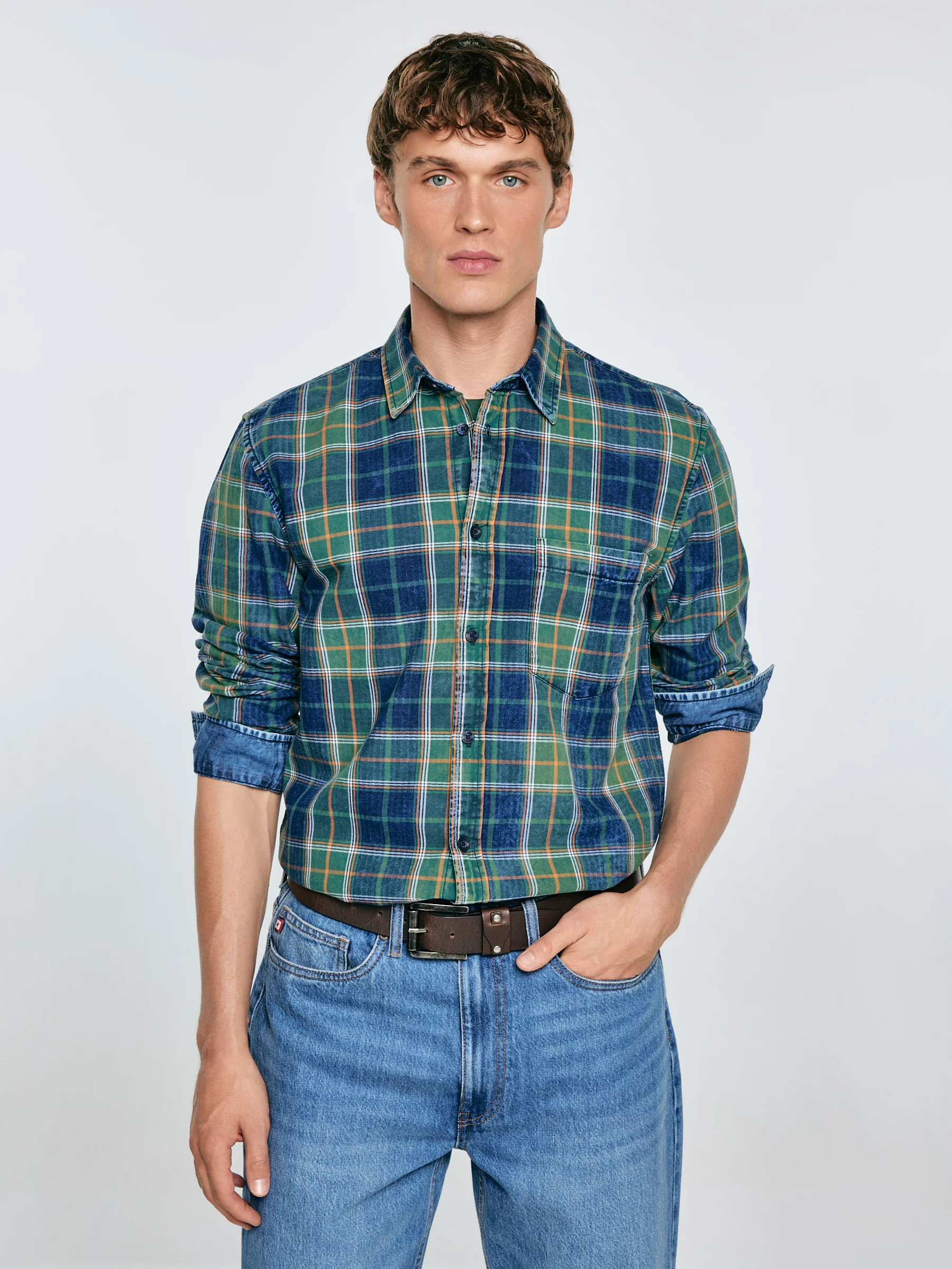 Koszula męska bawełniana w kratę zielono-granatowa Merowi 304