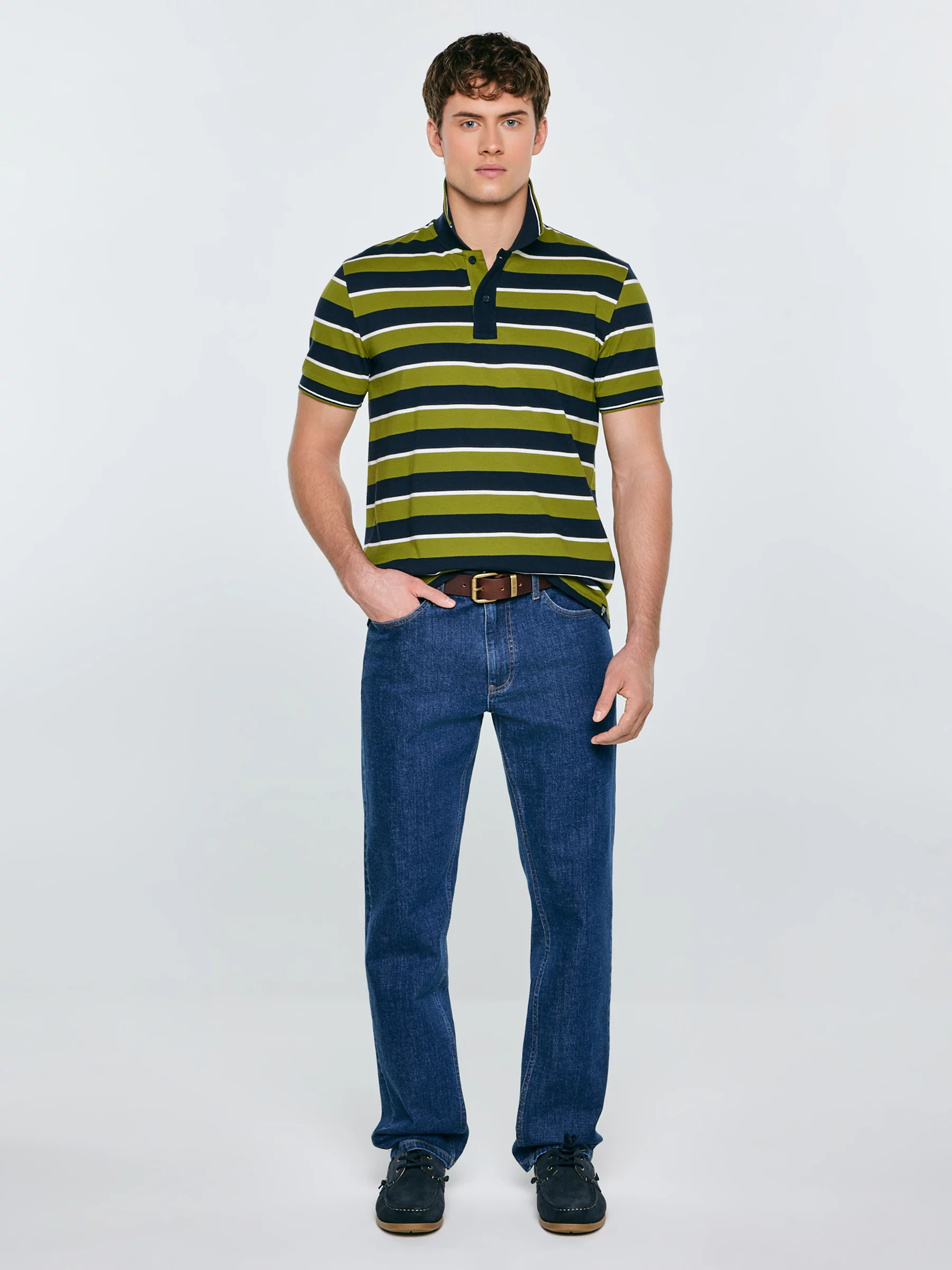 Koszulka męska polo w paski granatowo-zielona Seulis 301