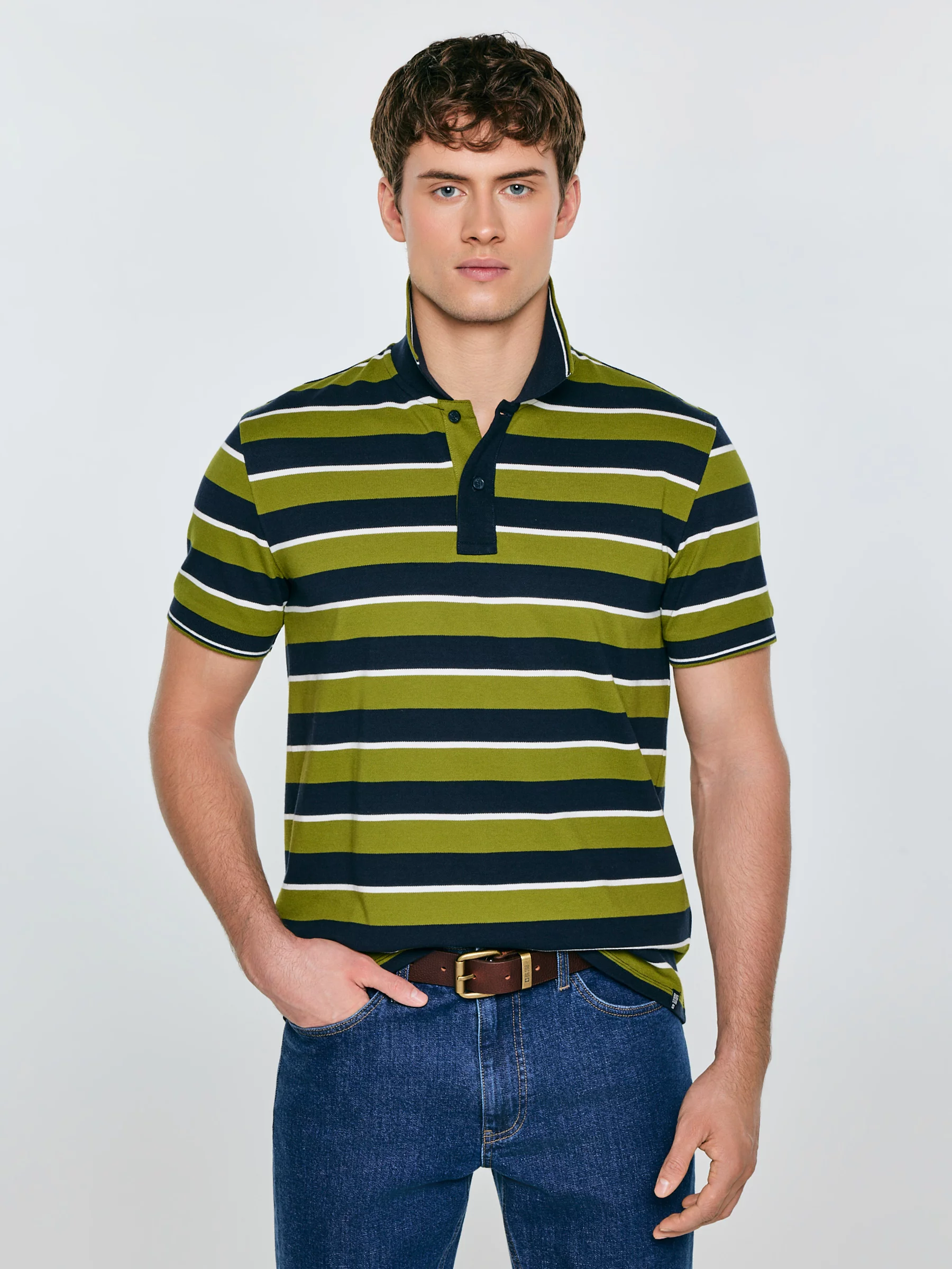 Koszulka męska polo w paski granatowo-zielona Seulis 301