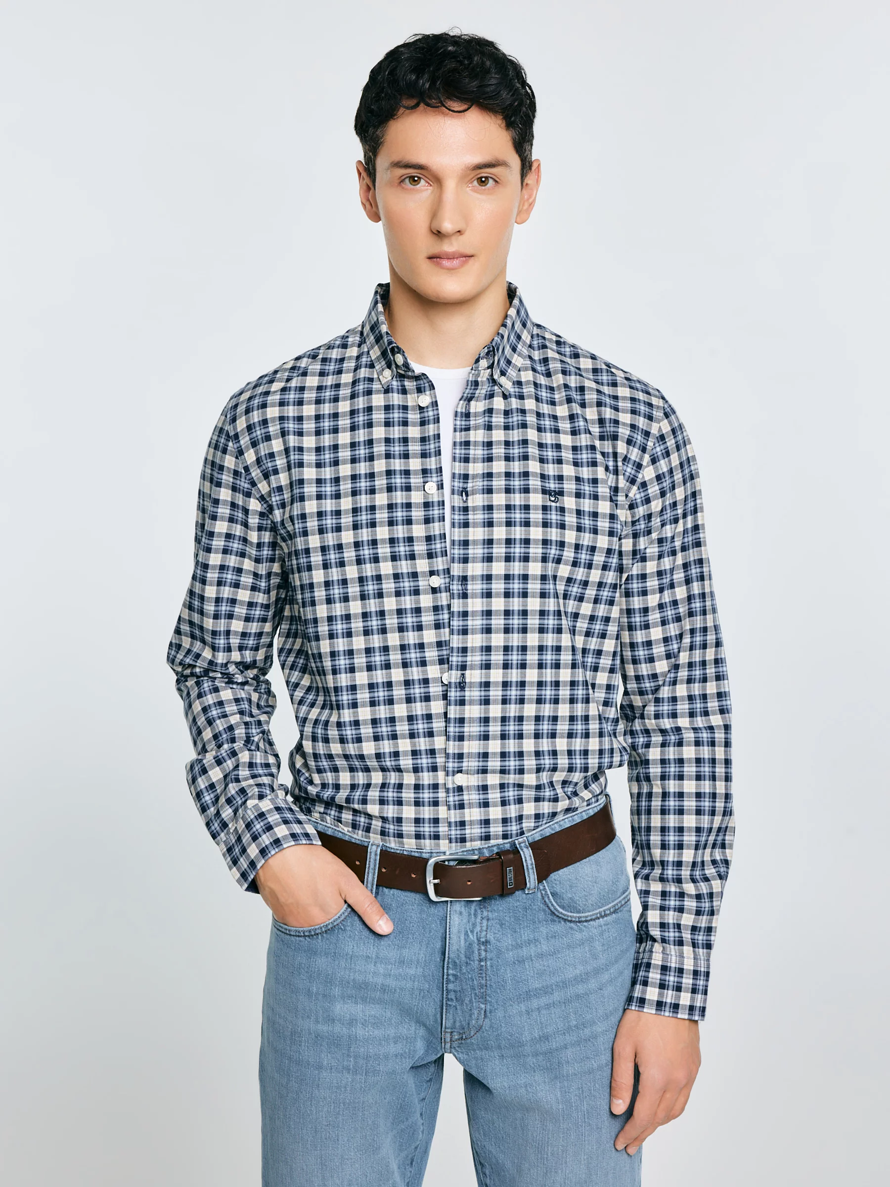 Koszula męska bawełniana w kratę granatowa Gibbineros 402