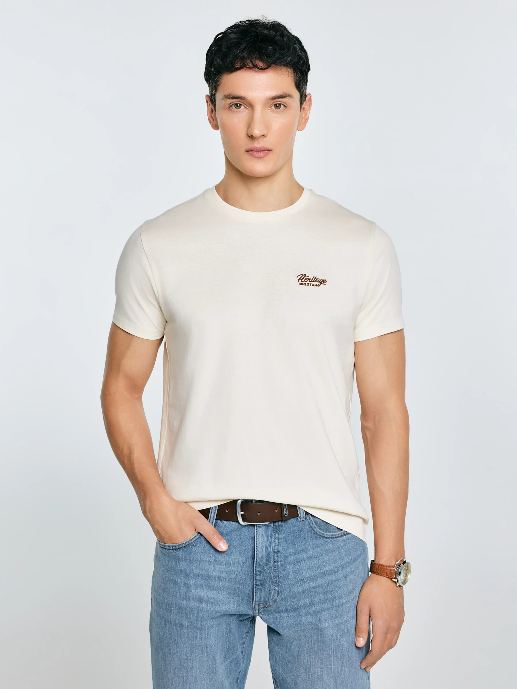 Koszulka męska z nadrukiem na piersi kremowa Serer 103