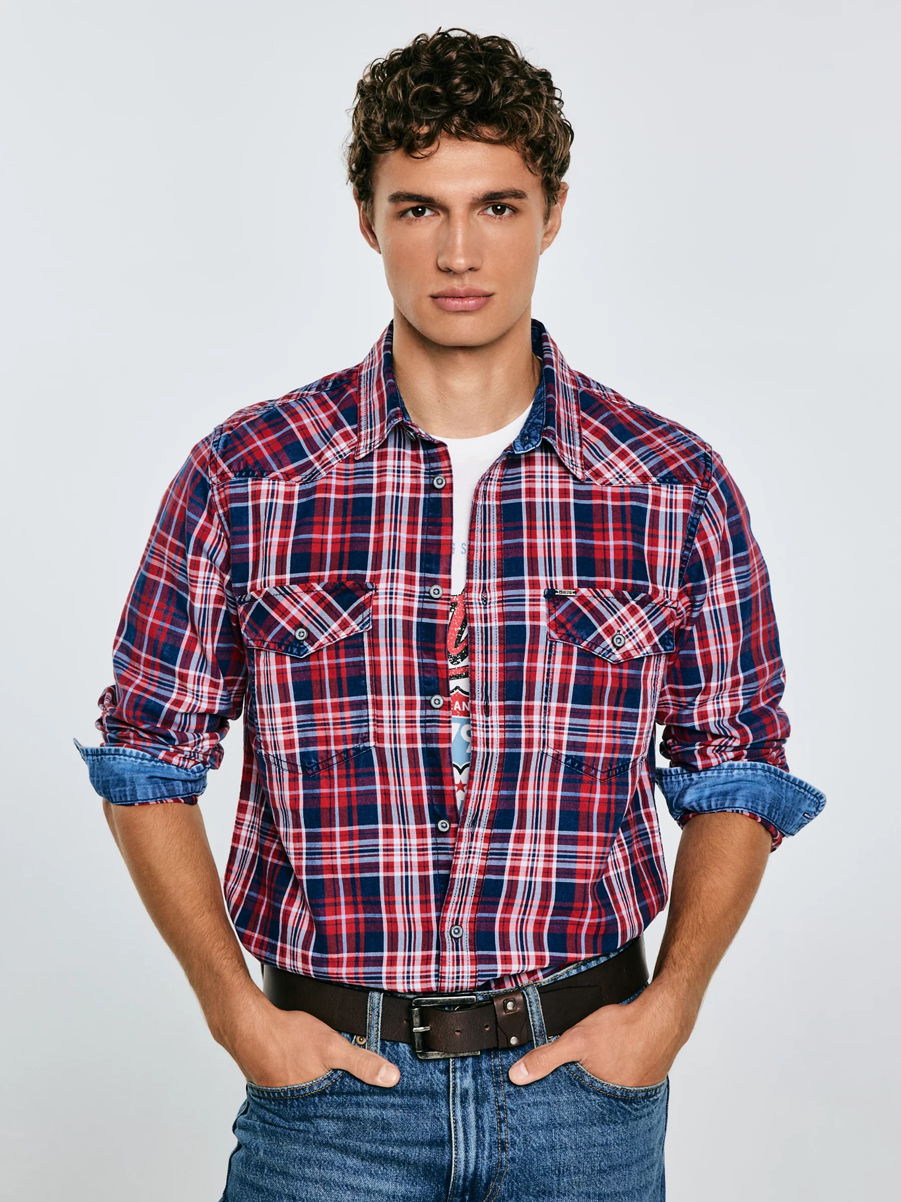 Koszula męska bawełniana w kratę czerwono-granatowa Retinezi 603