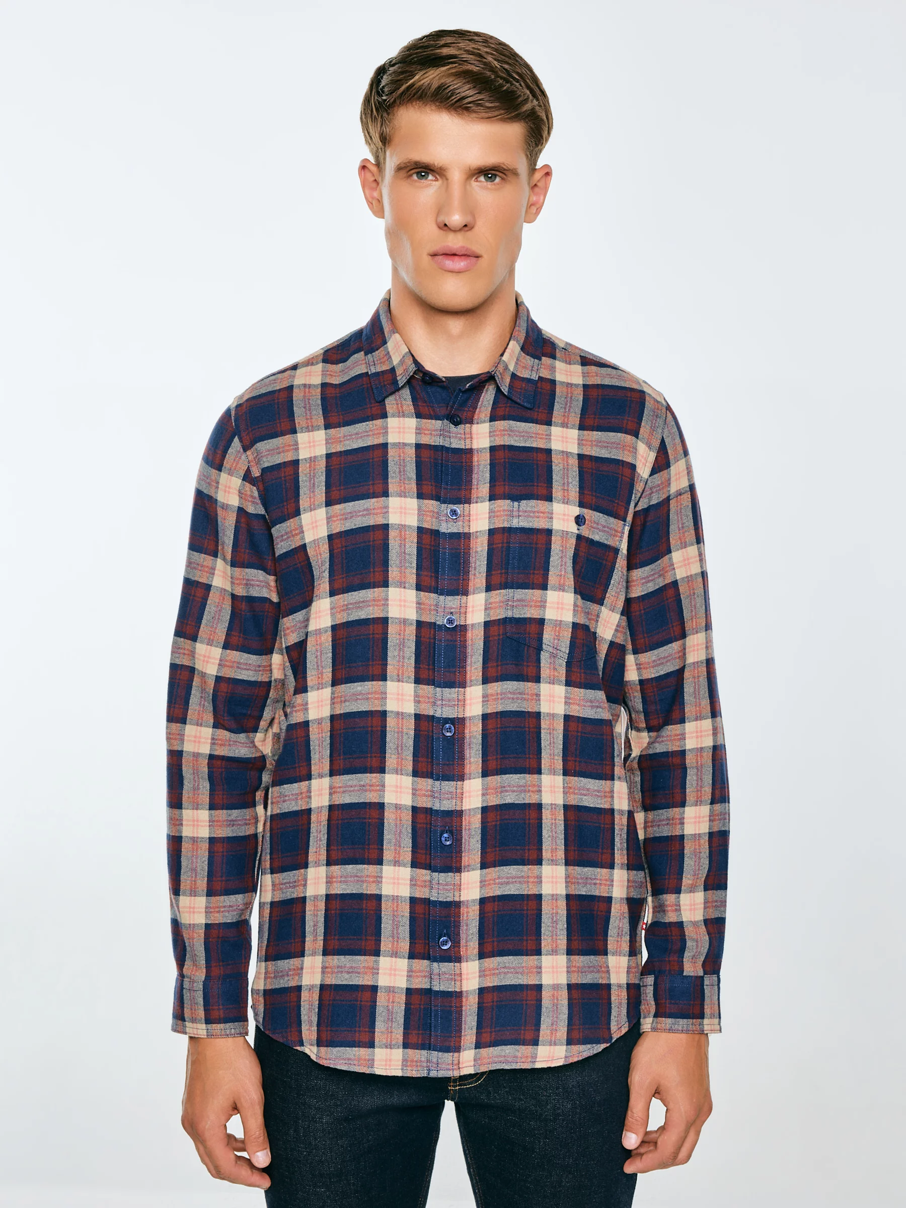 Koszula męska flanelowa w kratę granatowa Flaneno 403